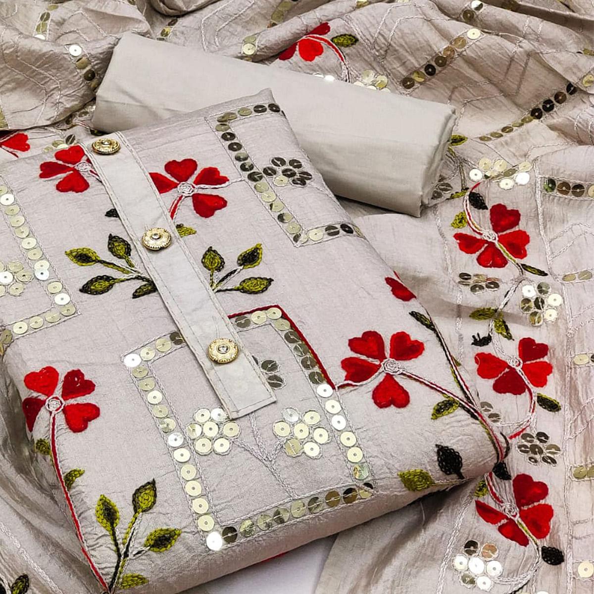 Grey Festive Wear Sequence Embroidered Chanderi Dress Material - Peachmode