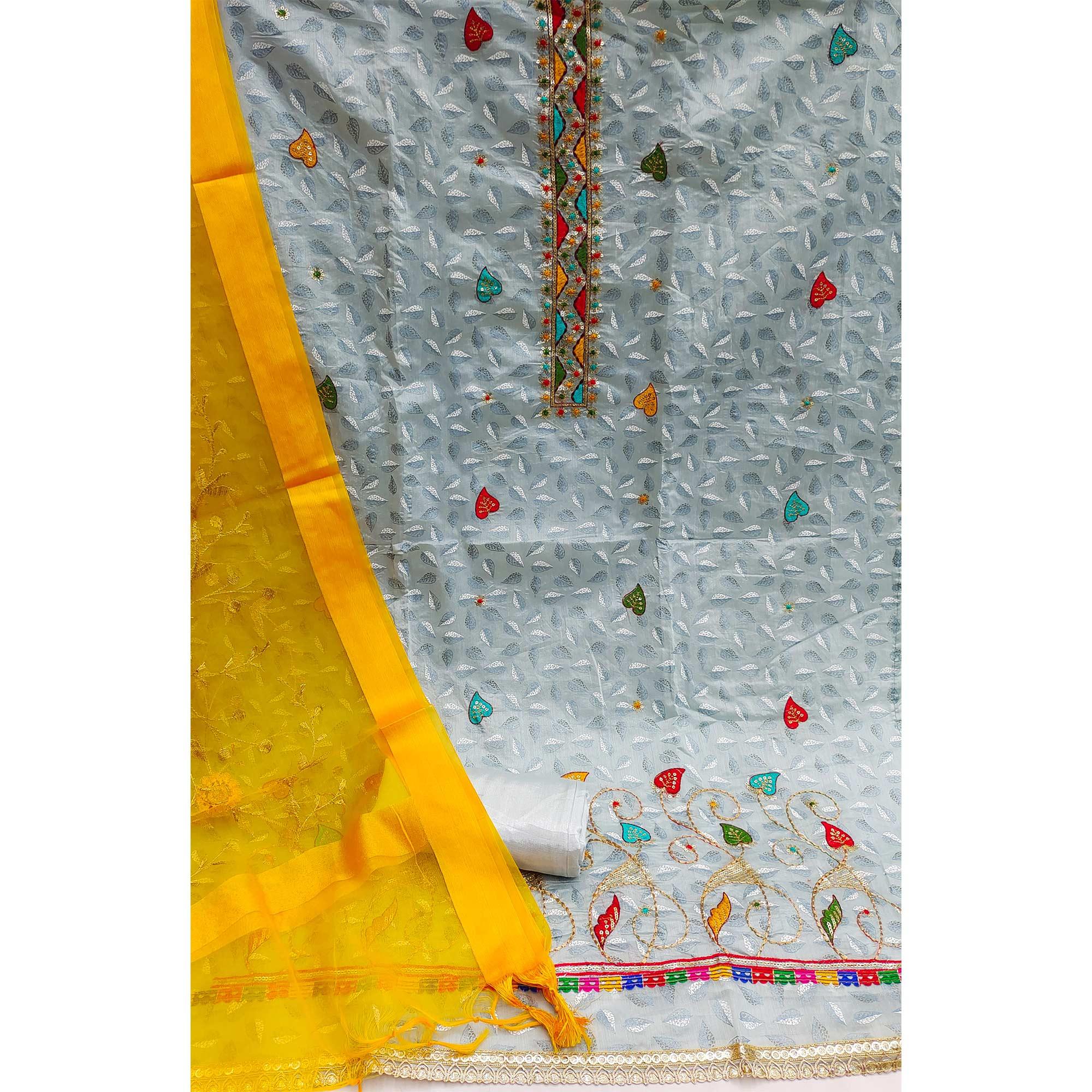 Grey Festive Wear Sequence Embroidered Chanderi Dress Material - Peachmode