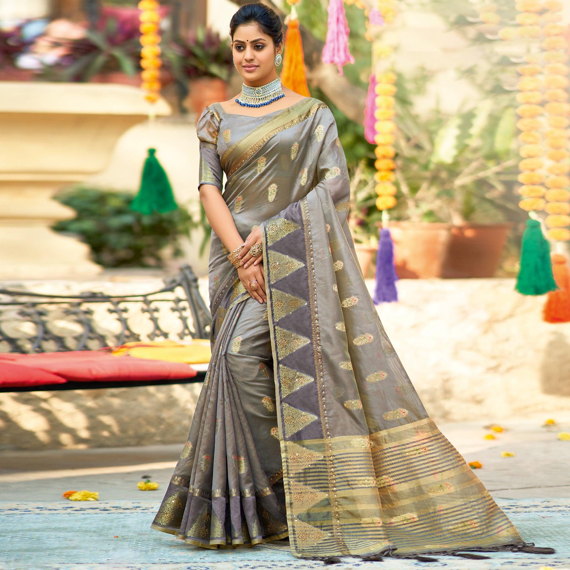 Grey Festive Wear Sequence Embroidered Organza Saree - Peachmode