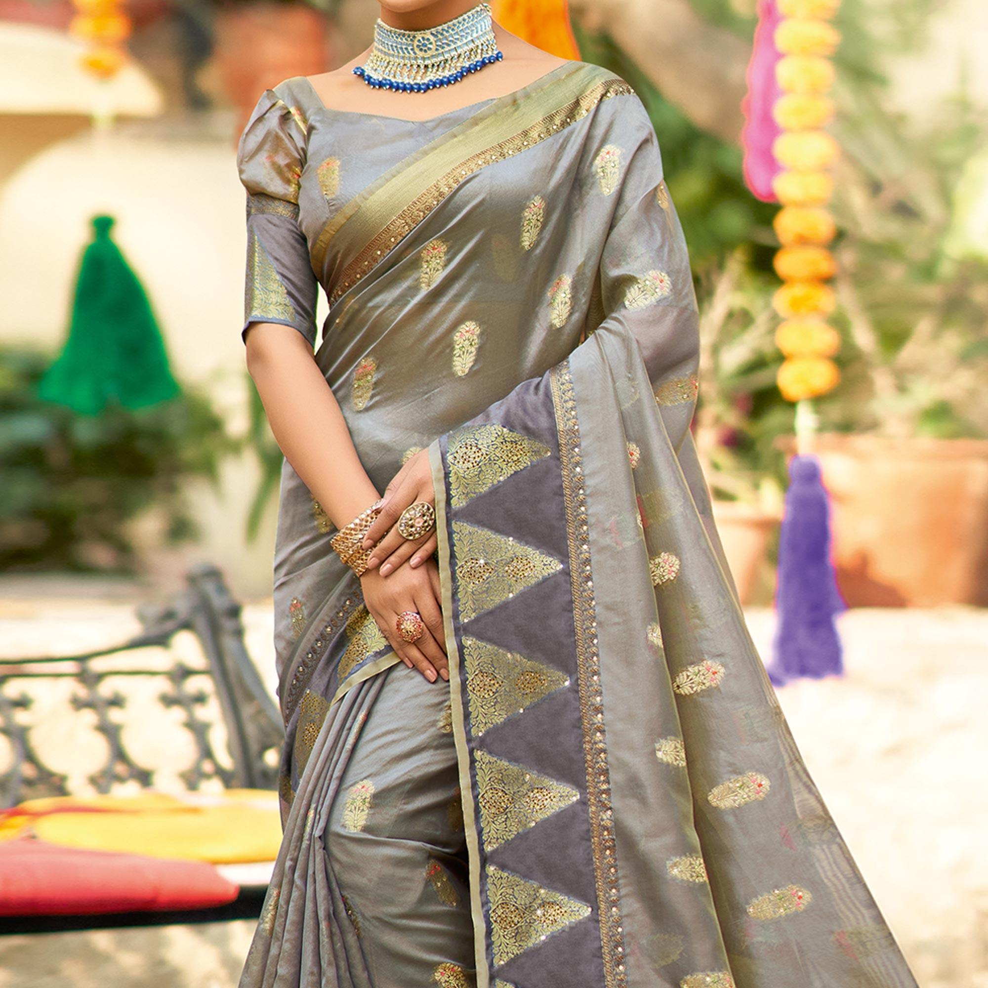 Grey Festive Wear Sequence Embroidered Organza Saree - Peachmode