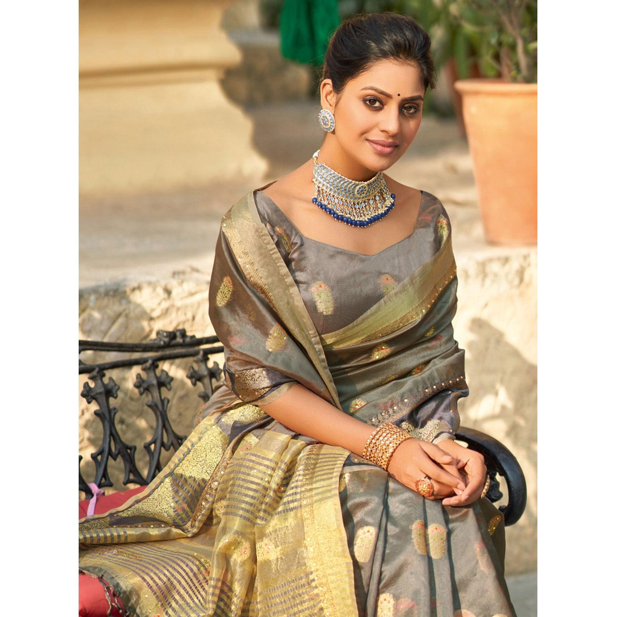 Grey Festive Wear Sequence Embroidered Organza Saree - Peachmode