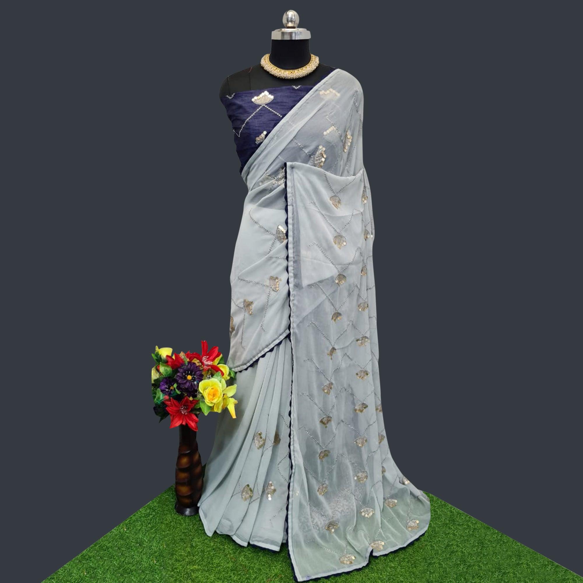 Grey Festive Wear Sequence Work Chiffon Saree - Peachmode