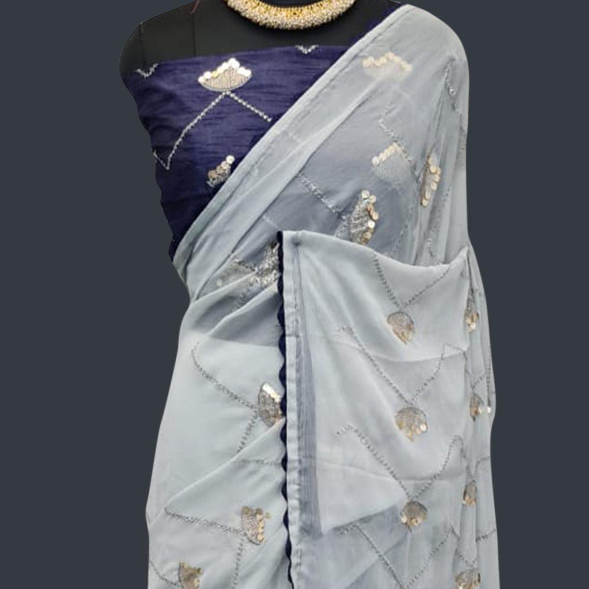 Grey Festive Wear Sequence Work Chiffon Saree - Peachmode
