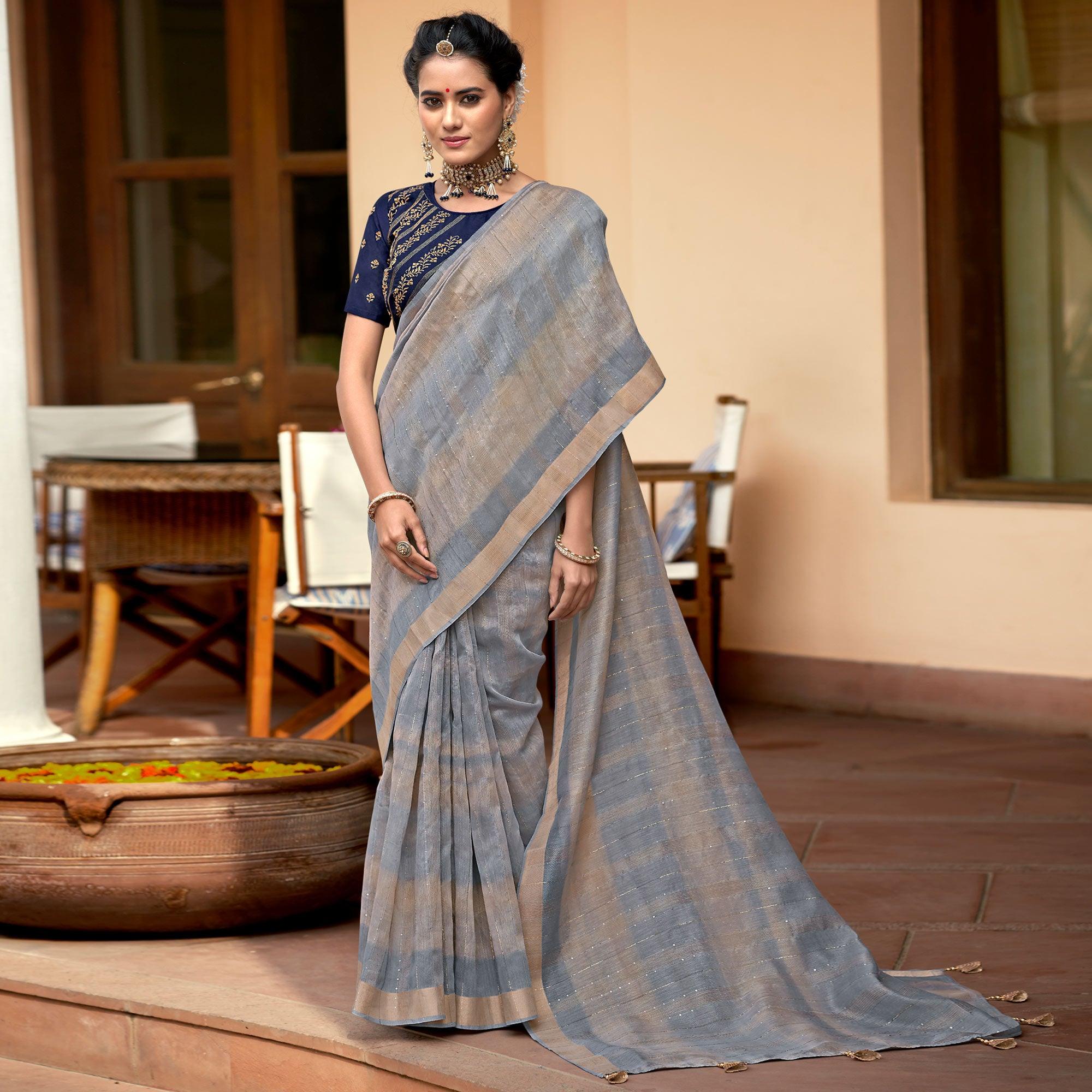 Grey Festive Wear Sequence Work Linen Saree - Peachmode