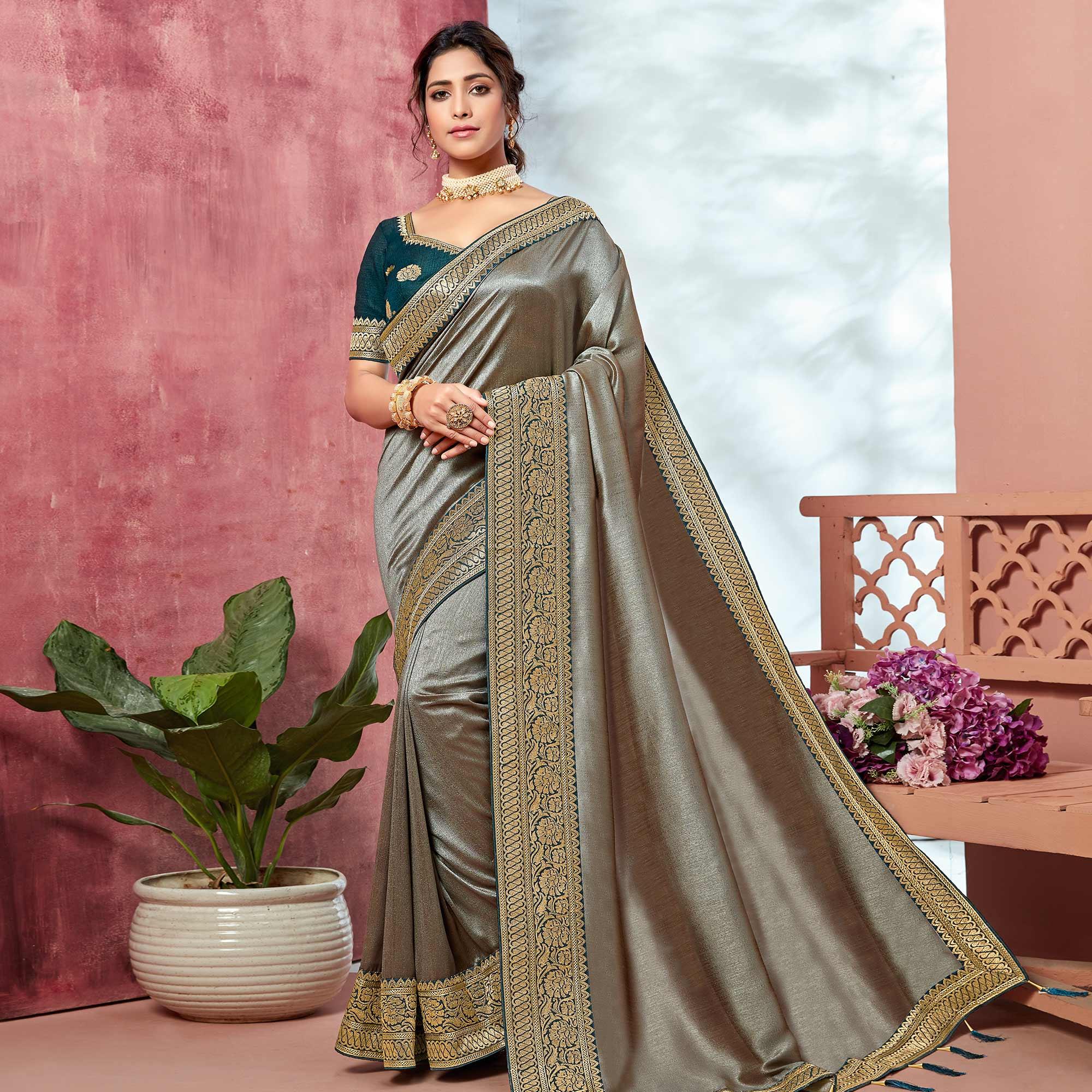Grey Festive Wear Silk Saree With Embroidered Border - Peachmode