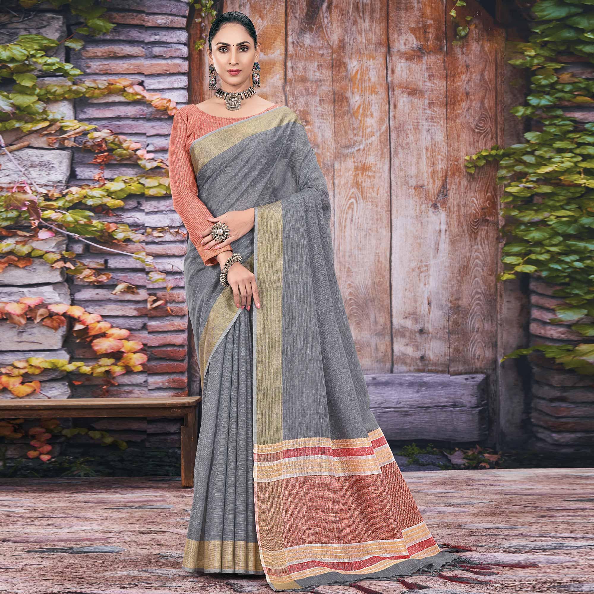 Grey Festive Wear Solid Linen Saree - Peachmode