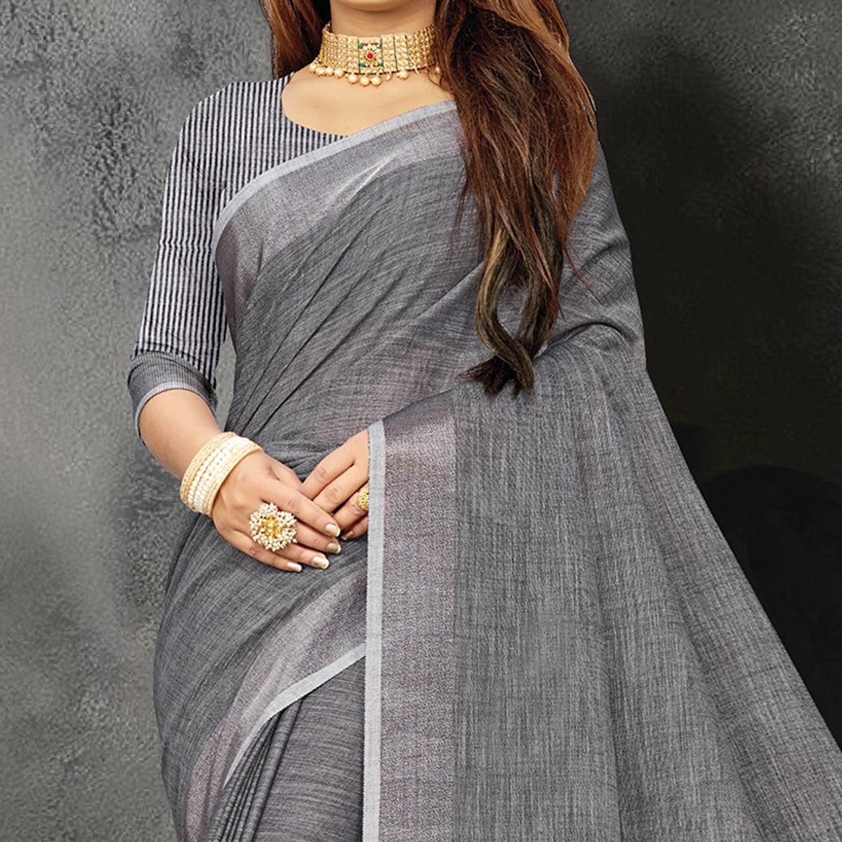 Grey Festive Wear Solid Linen Saree - Peachmode