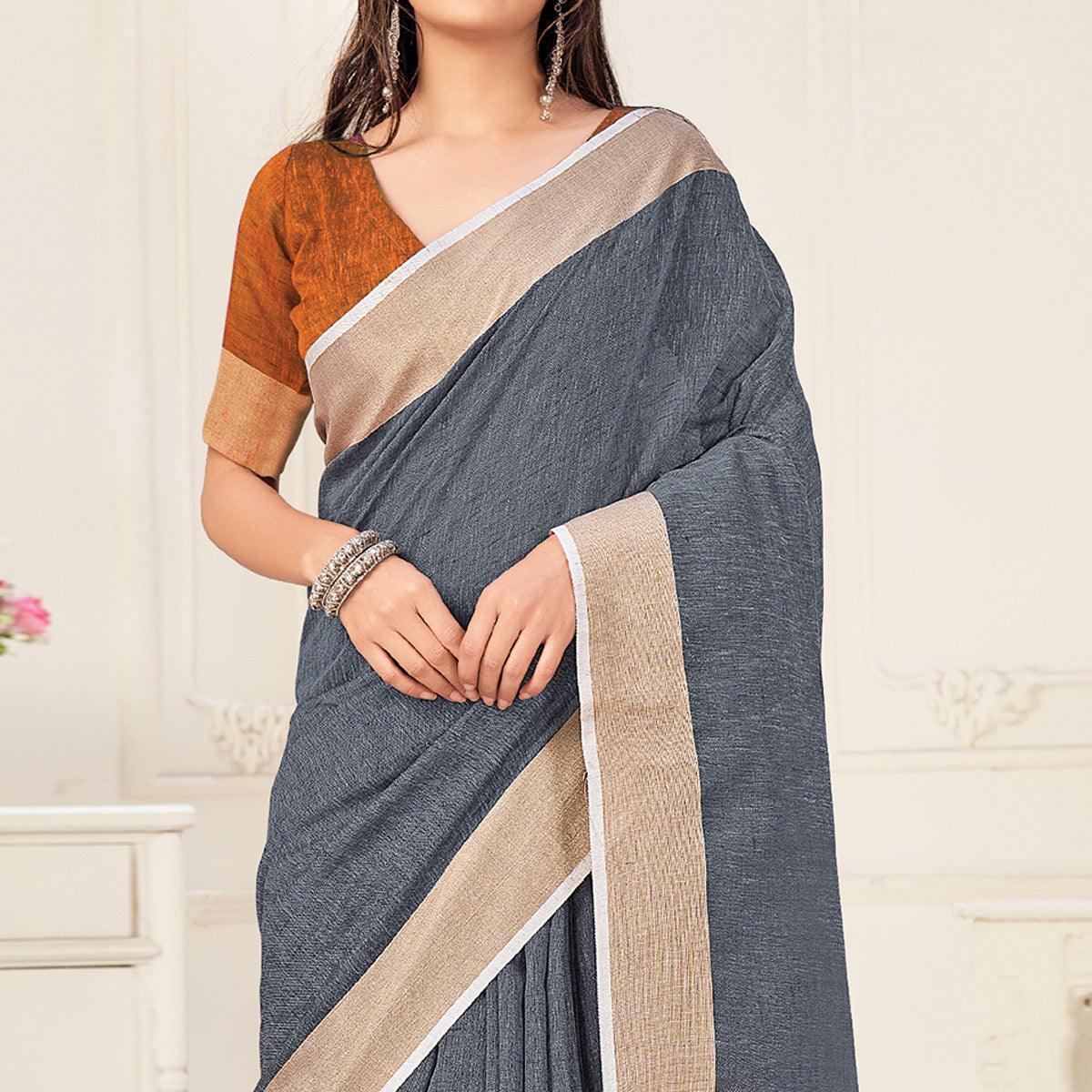 Grey Festive Wear Solid Linen Saree - Peachmode