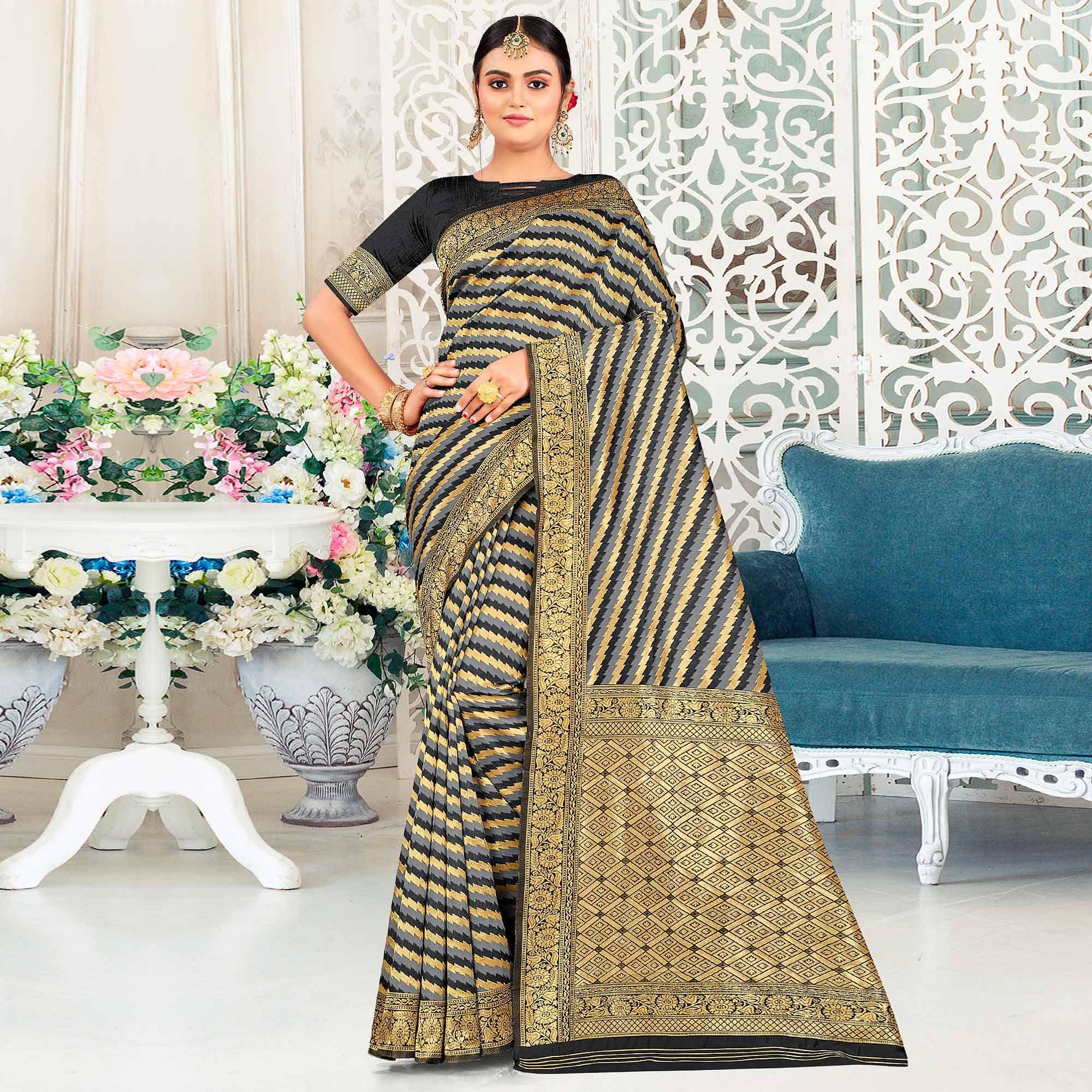 Grey Festive Wear Stripe Printed Art Silk Saree - Peachmode