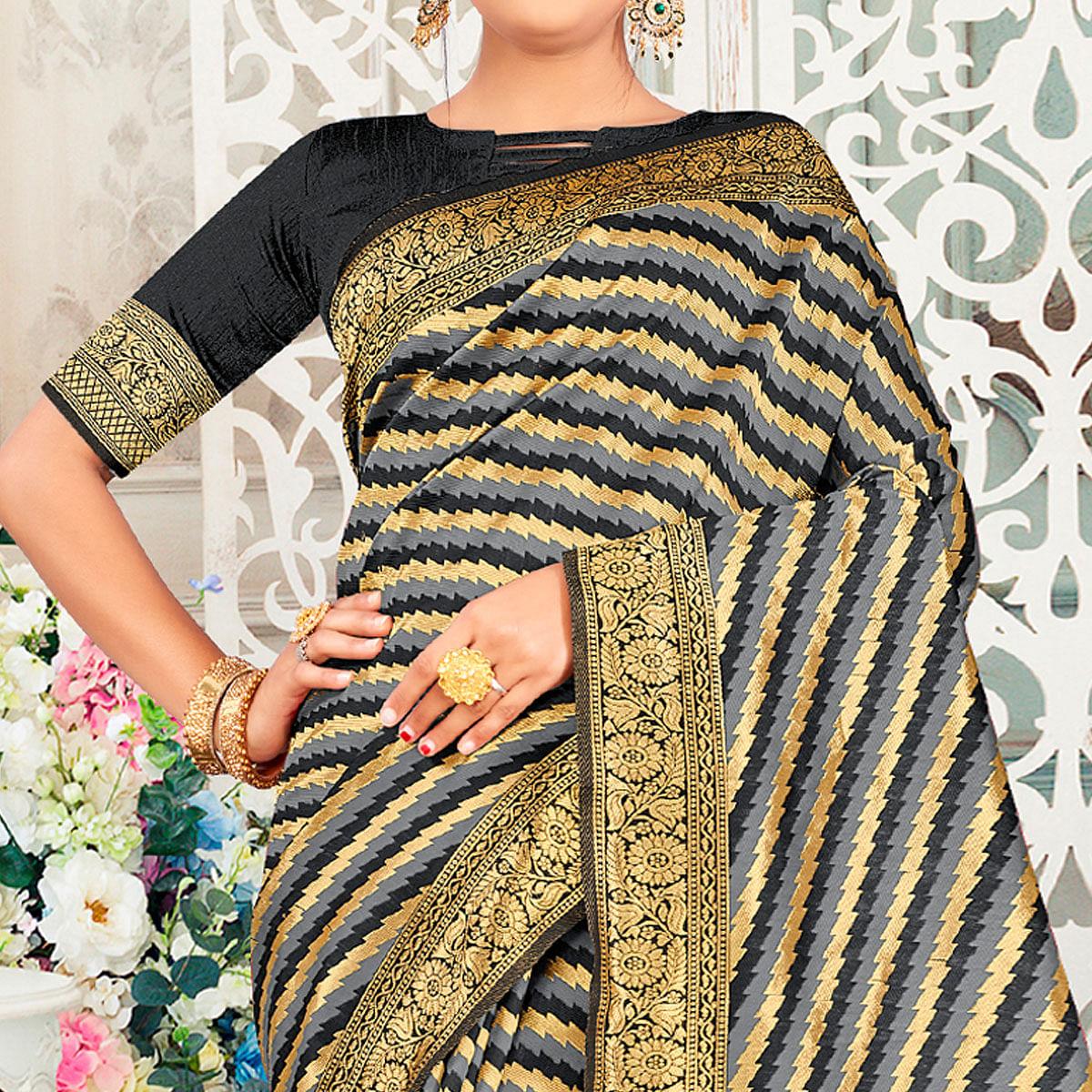 Grey Festive Wear Stripe Printed Art Silk Saree - Peachmode