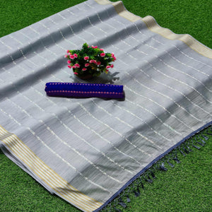 Grey Festive Wear Stripes With Sequence Woven Work Cotton Saree - Peachmode