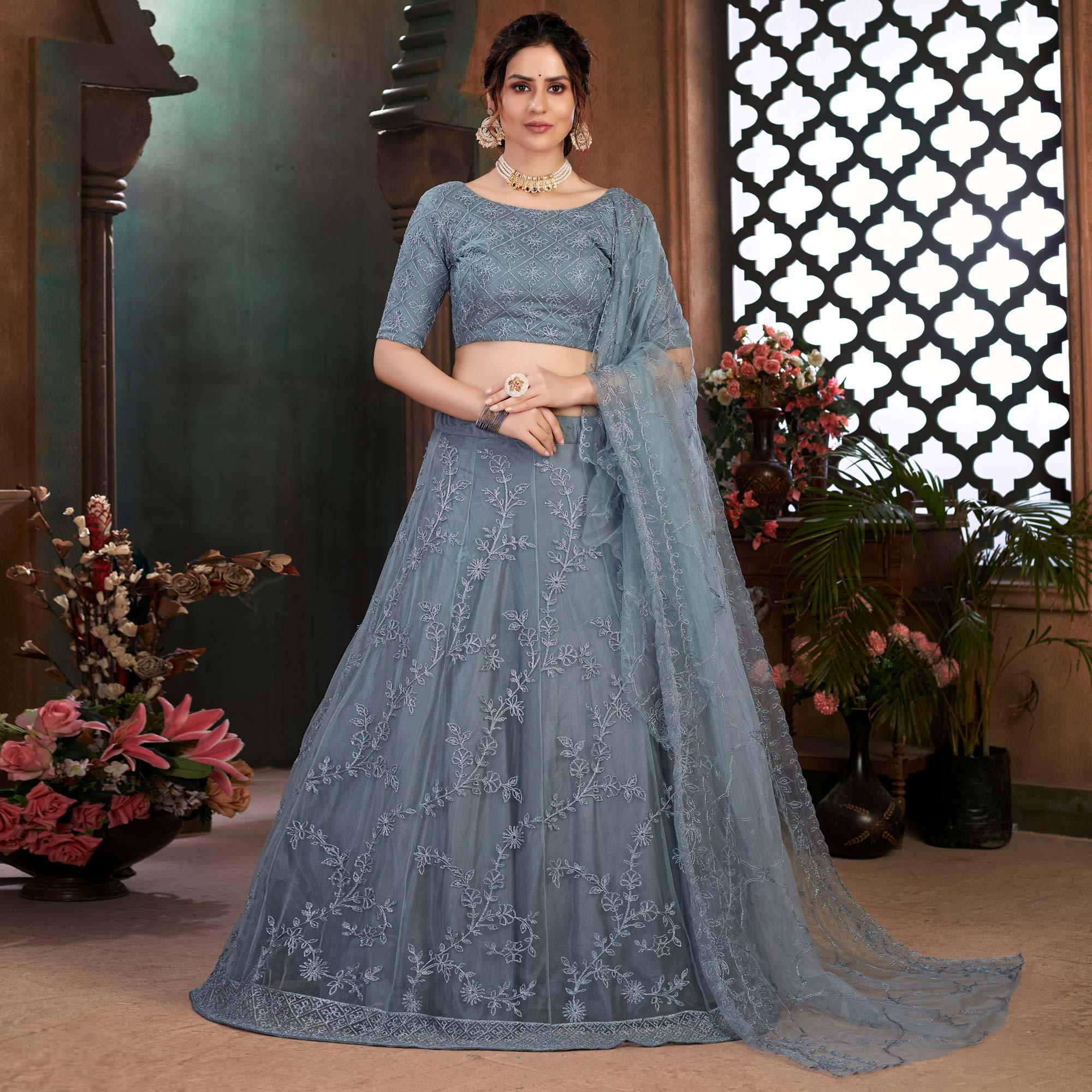 Grey Festive Wear Thread Embroidered Net Lehenga Choli - Peachmode