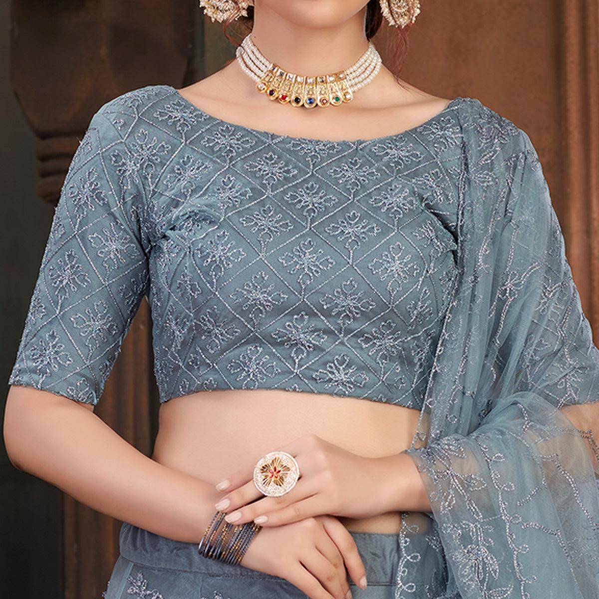 Grey Festive Wear Thread Embroidered Net Lehenga Choli - Peachmode