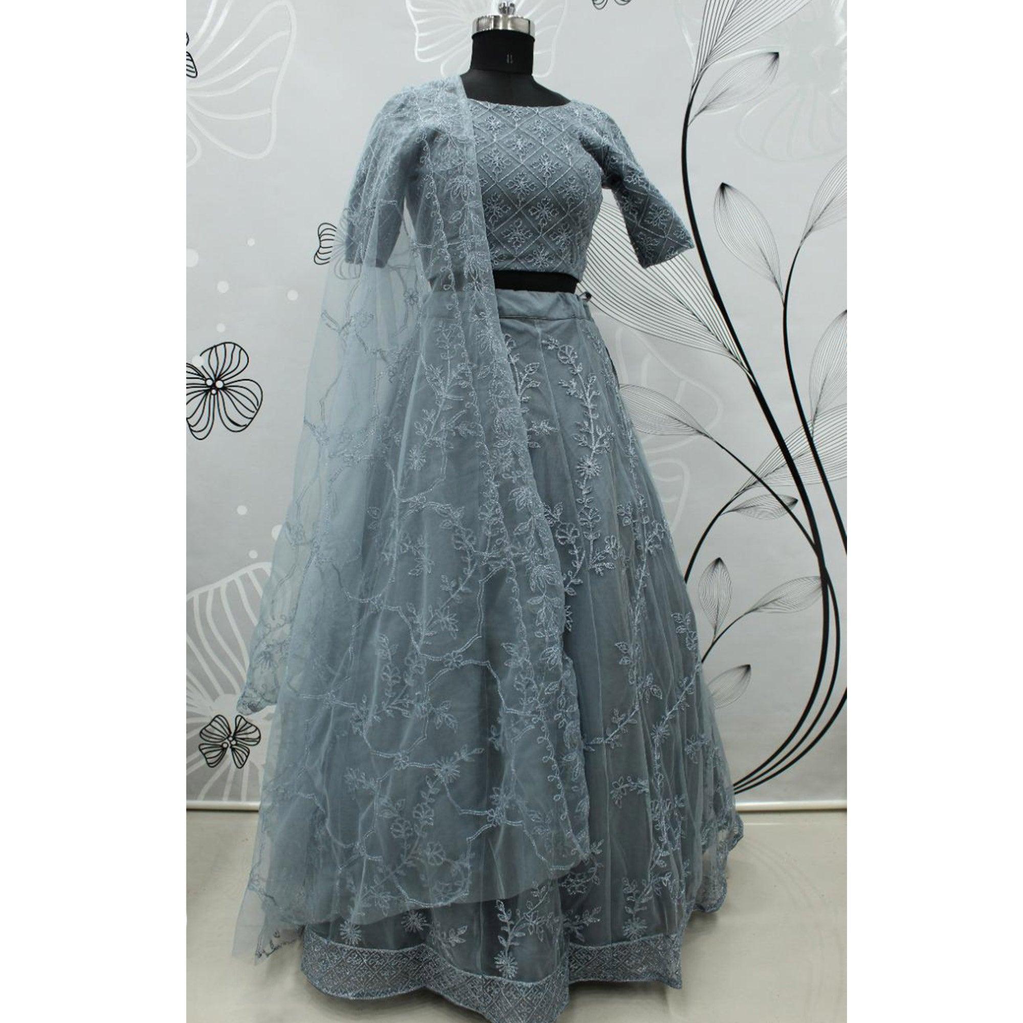 Grey Festive Wear Thread Embroidered Net Lehenga Choli - Peachmode