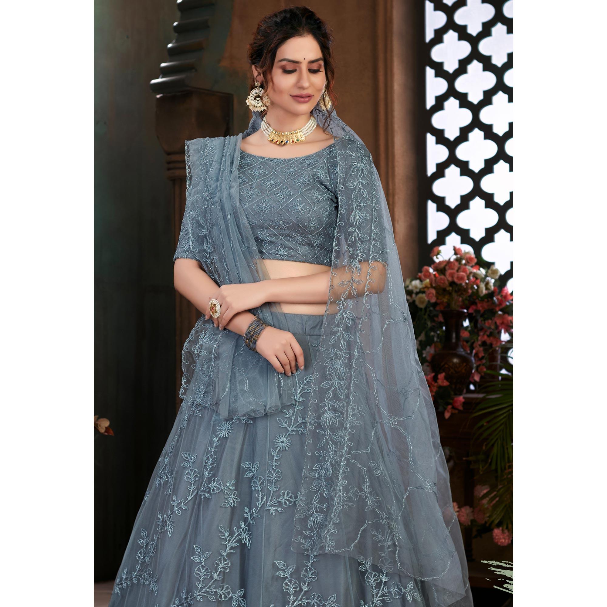 Grey Festive Wear Thread Embroidered Net Lehenga Choli - Peachmode