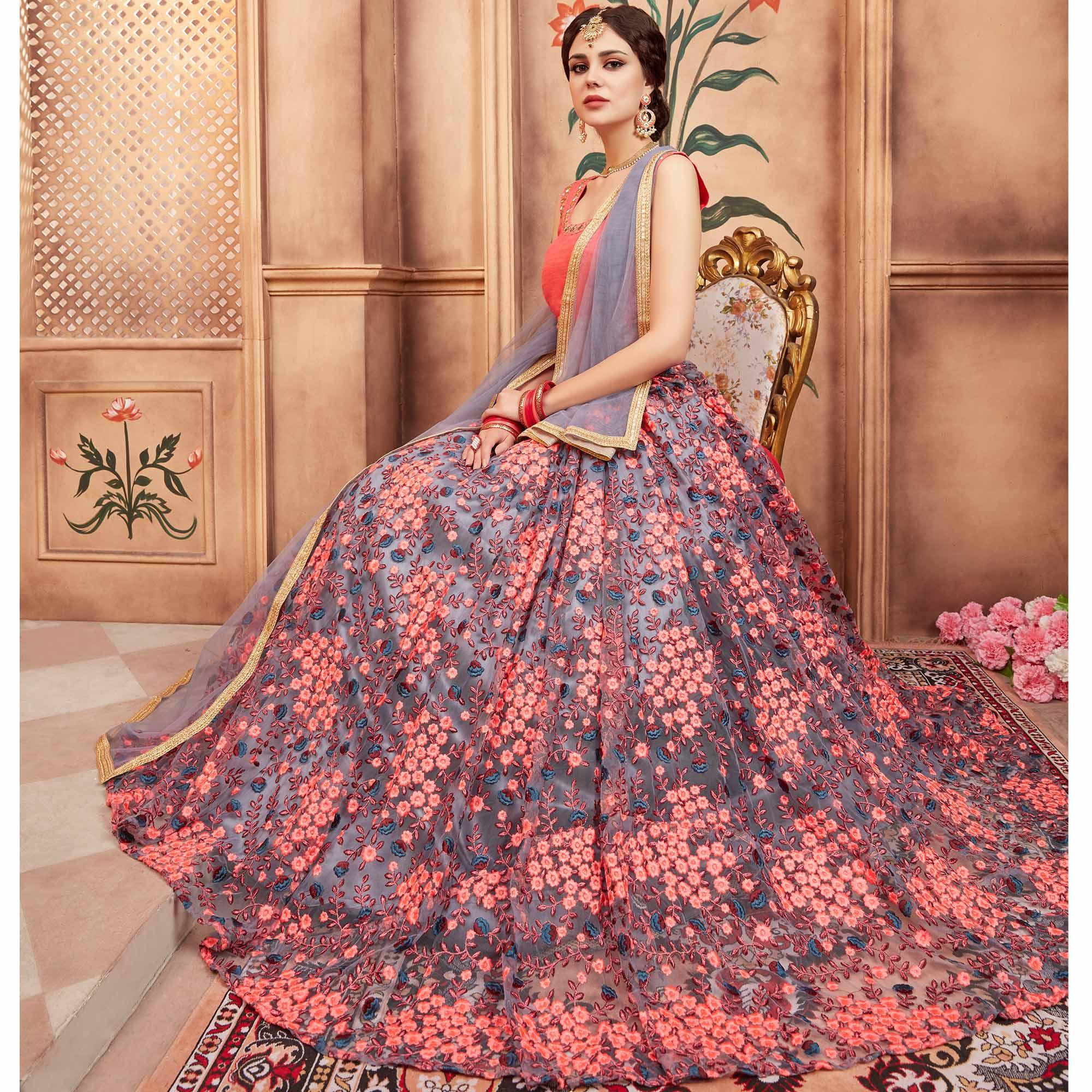 Grey Festive Wear Thread Zari Work Soft Net Lehenga Choli - Peachmode