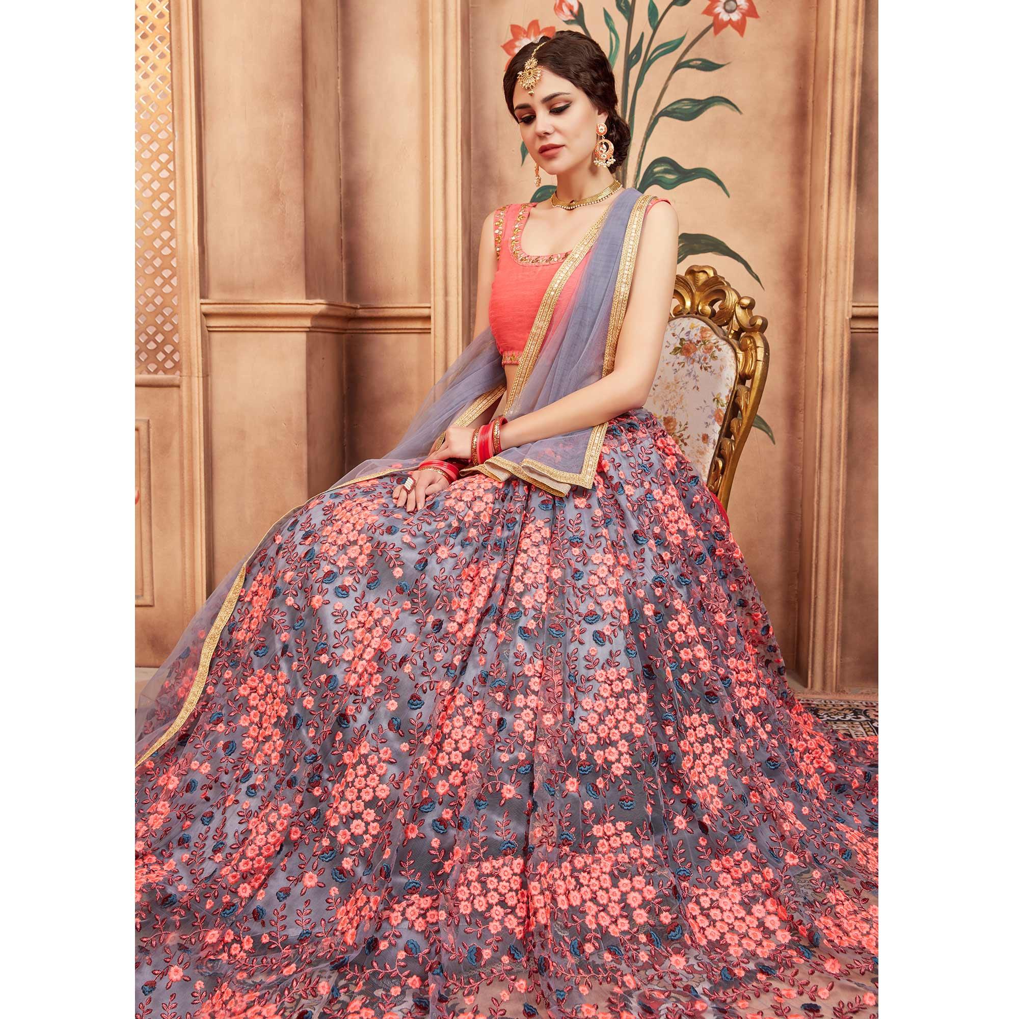 Grey Festive Wear Thread Zari Work Soft Net Lehenga Choli - Peachmode
