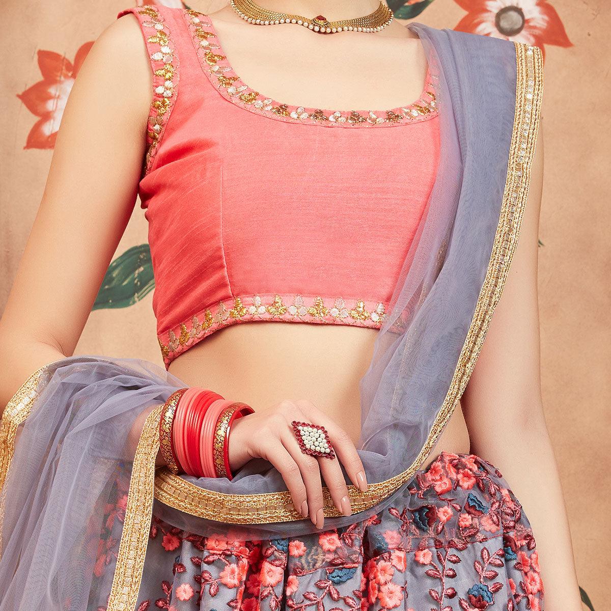 Grey Festive Wear Thread Zari Work Soft Net Lehenga Choli - Peachmode