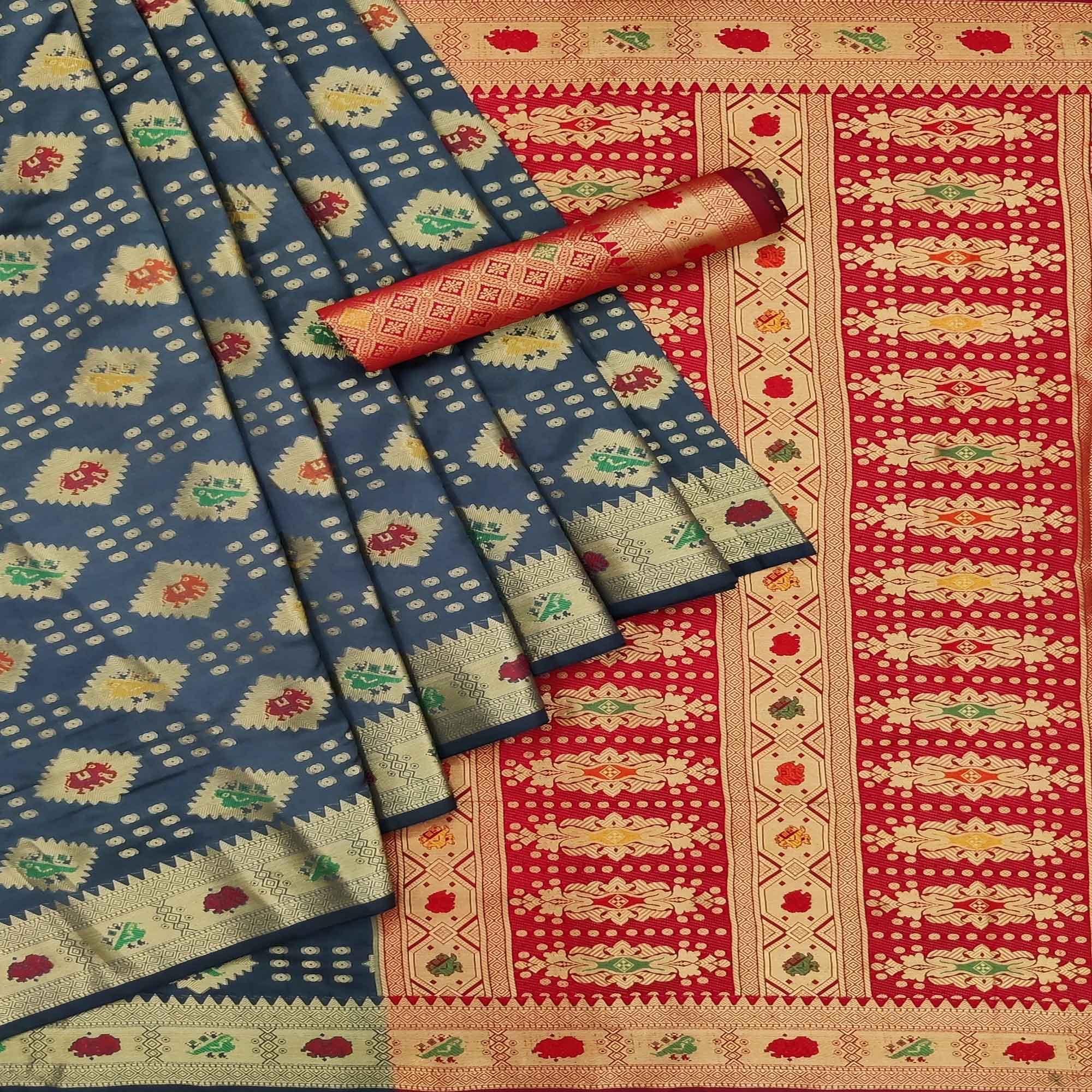 Grey Festive Wear Weaving Silk Saree - Peachmode