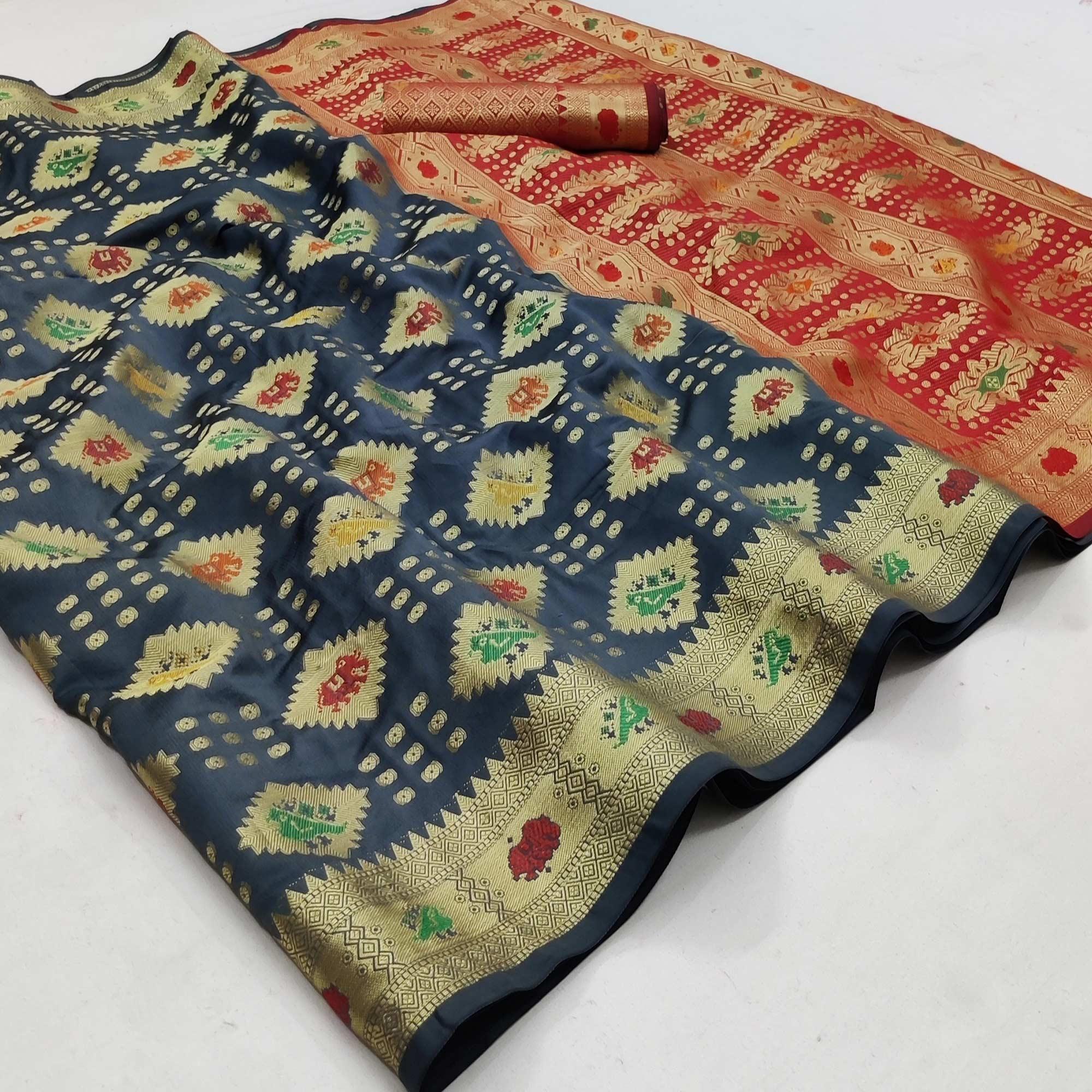 Grey Festive Wear Weaving Silk Saree - Peachmode