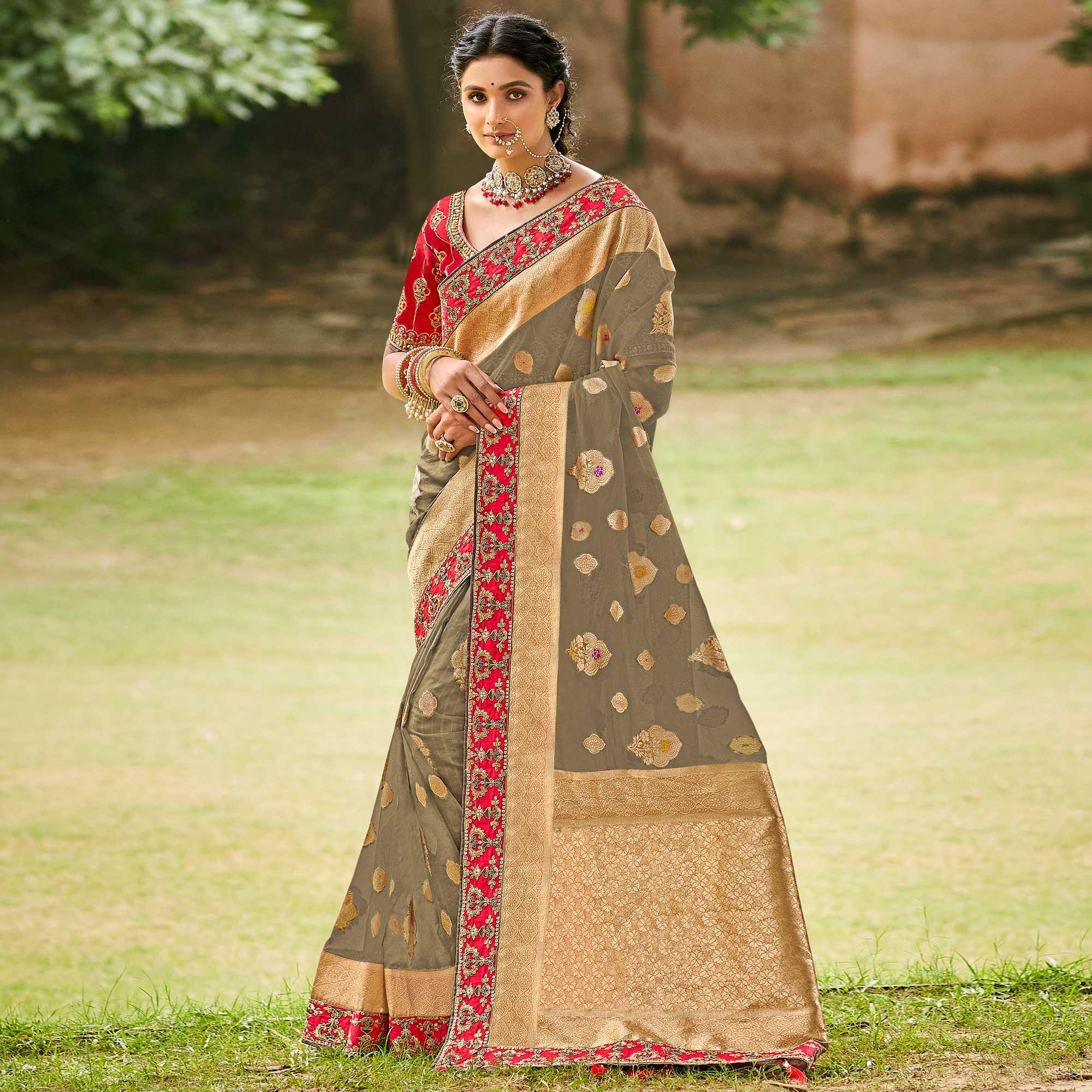 Grey Festive Wear Woven & Embroidered Organza Saree - Peachmode