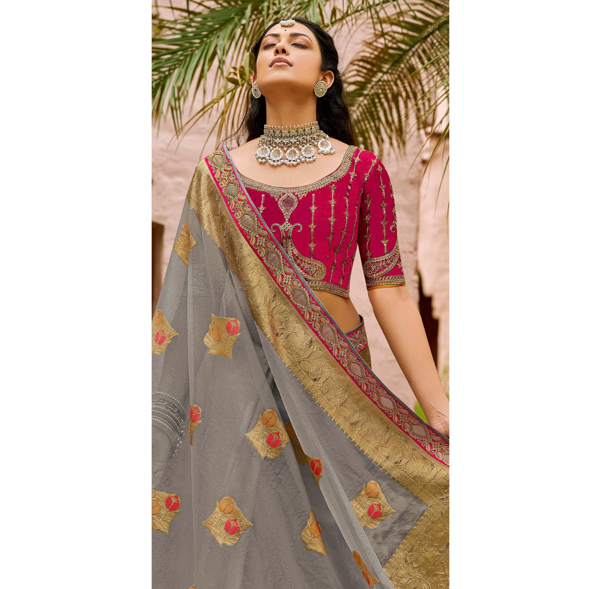 Grey Festive Wear Woven & Embroidered Organza Saree - Peachmode