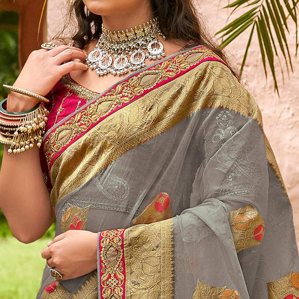 Grey Festive Wear Woven & Embroidered Organza Saree - Peachmode