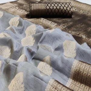 Grey Festive Wear Woven Art Silk Double Dying Sarees With Zari Border - Peachmode