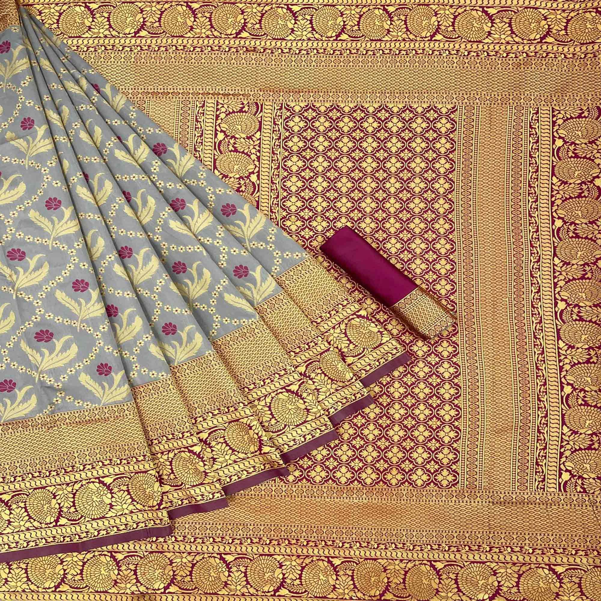 Grey Festive Wear Woven Art Silk Saree - Peachmode