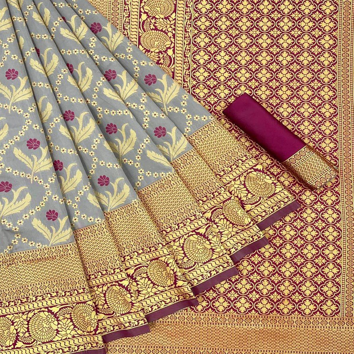 Grey Festive Wear Woven Art Silk Saree - Peachmode