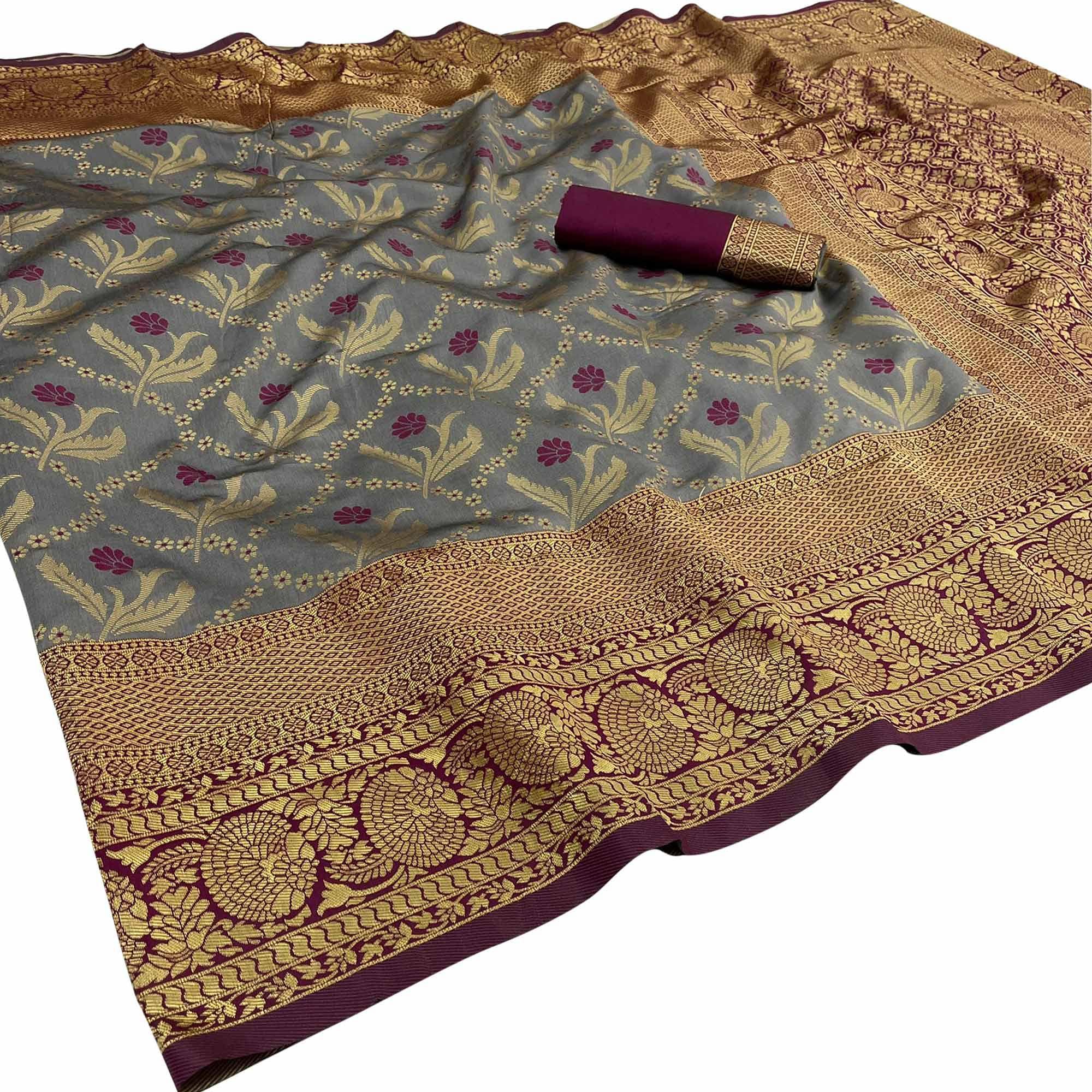 Grey Festive Wear Woven Art Silk Saree - Peachmode