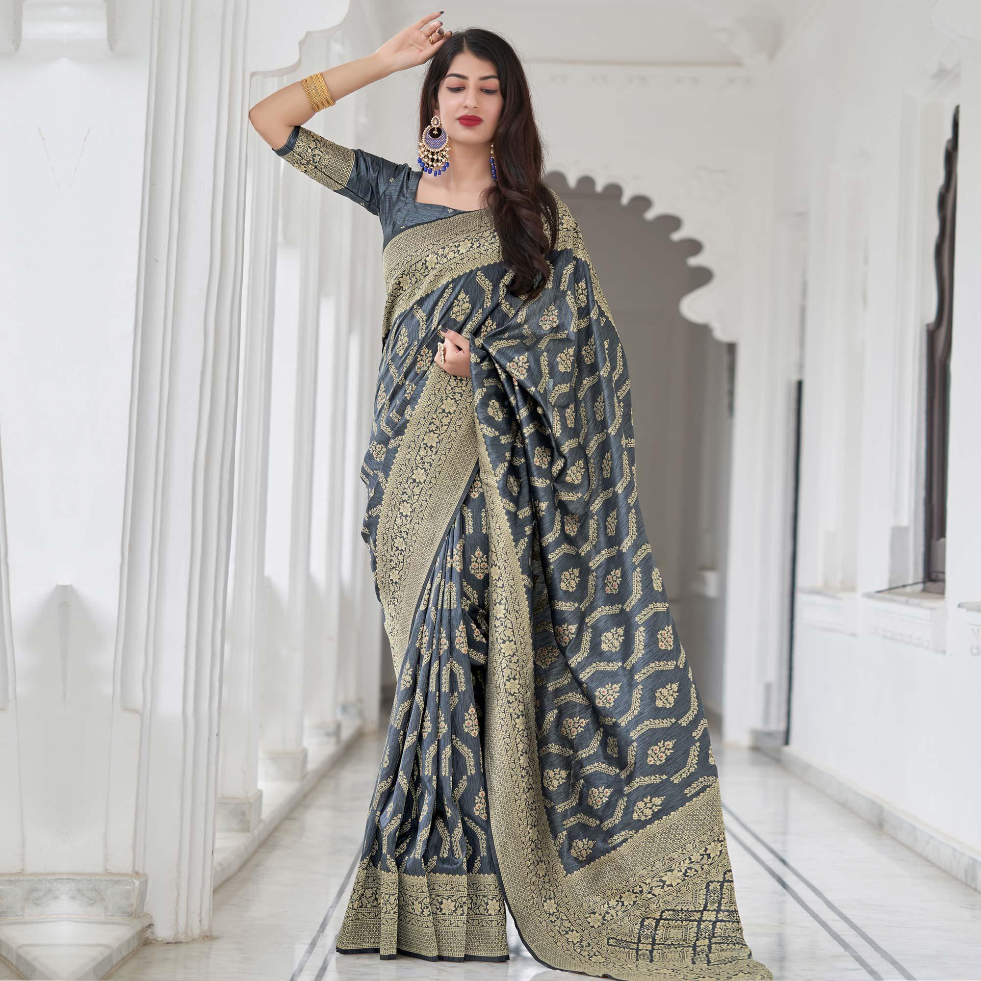 Grey Festive Wear Woven Banarasi Art Silk Saree - Peachmode