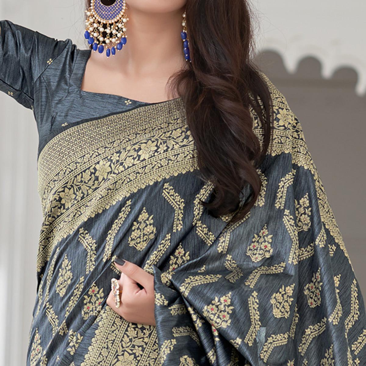 Grey Festive Wear Woven Banarasi Art Silk Saree - Peachmode