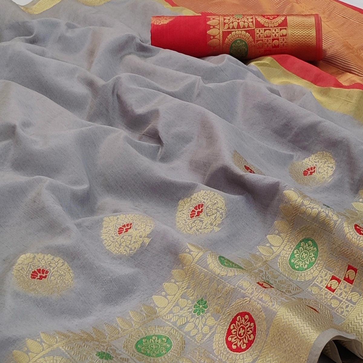 Grey Festive Wear Woven Banarasi Saree With Butta And Jacquard Border - Peachmode