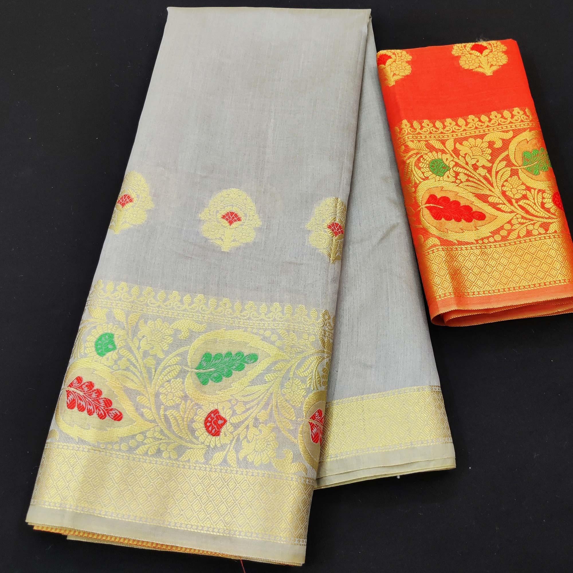 Grey Festive Wear Woven Banarasi Saree With Butta And Jacquard Border - Peachmode