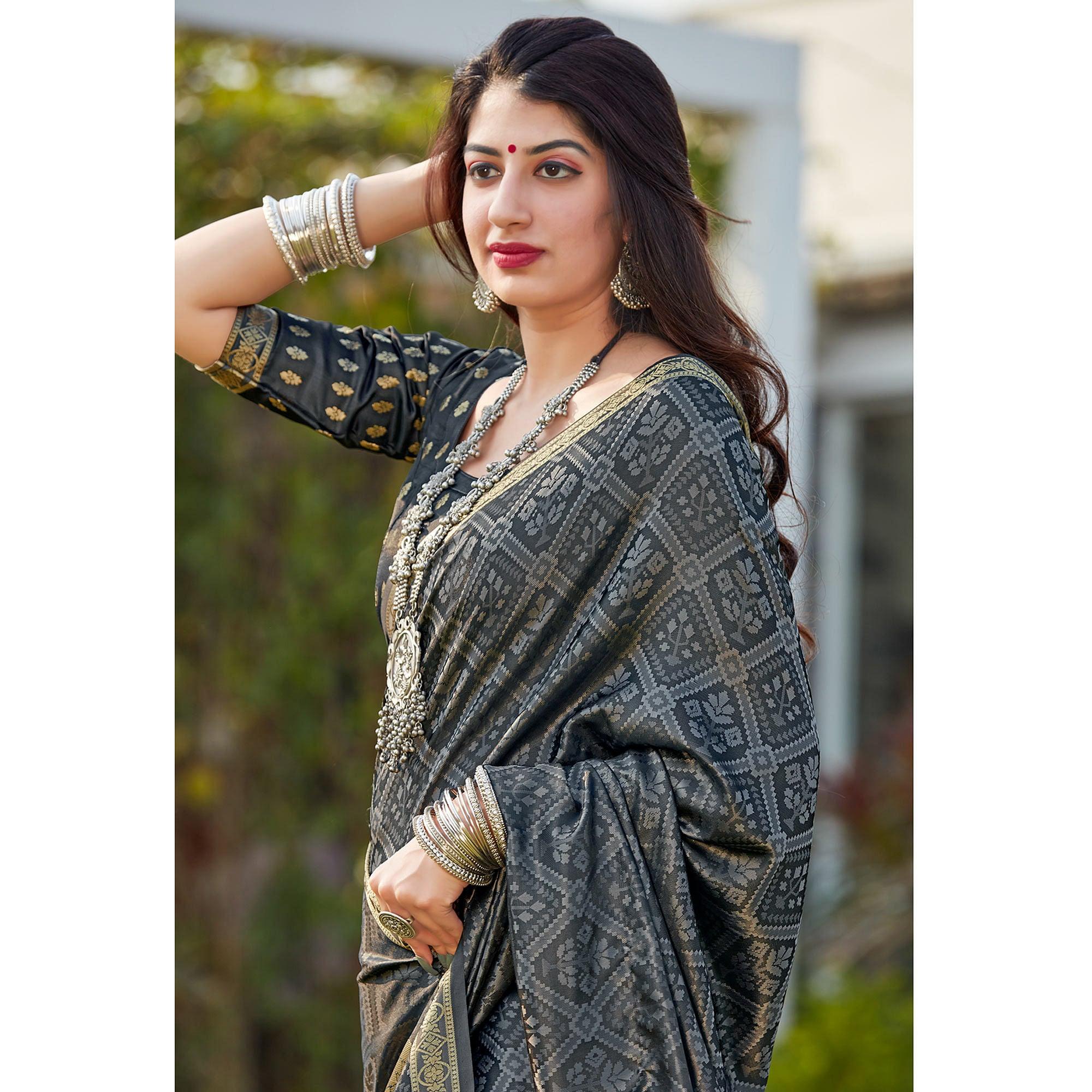 Grey Festive Wear Woven Banarasi Satin Silk Saree - Peachmode