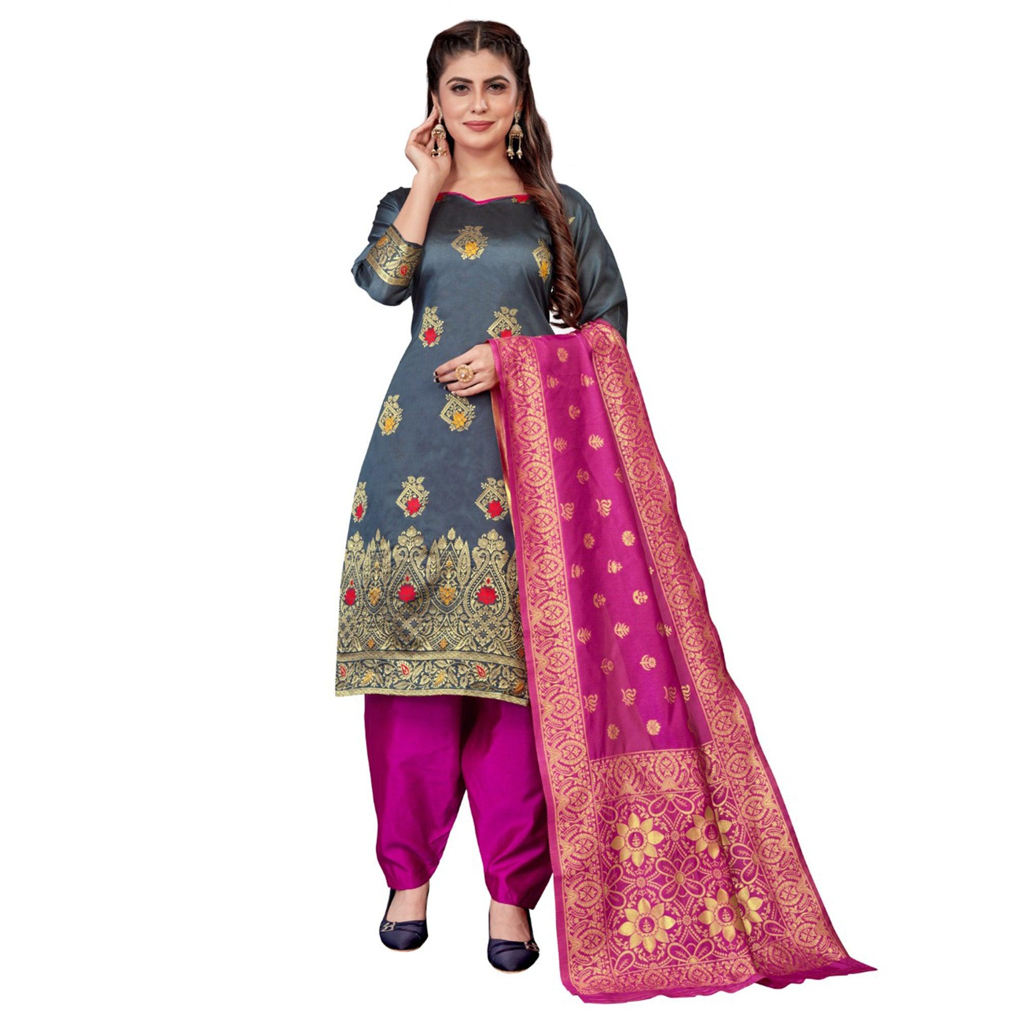 Grey Festive Wear Woven Banarasi Silk Dress Material - Peachmode