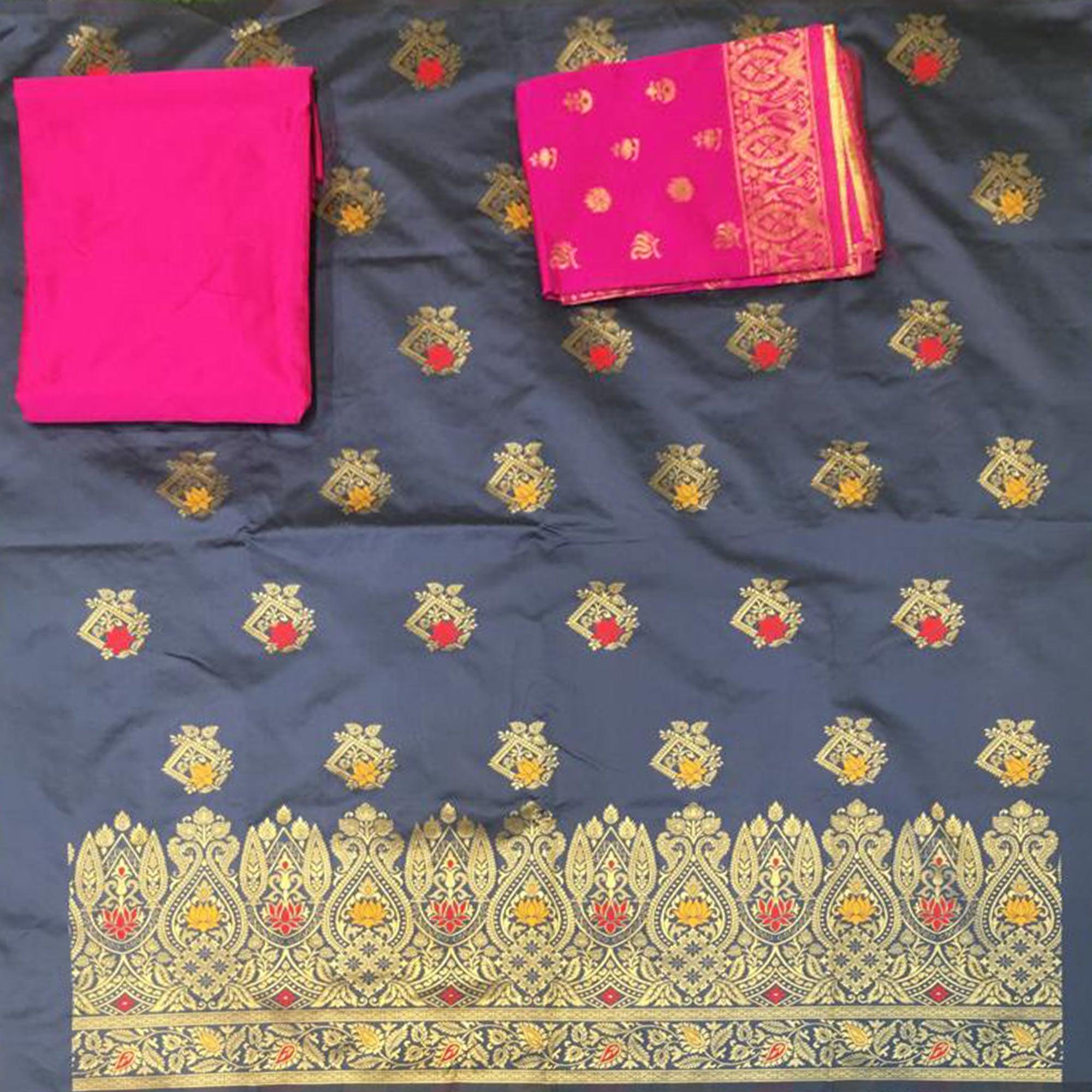 Grey Festive Wear Woven Banarasi Silk Dress Material - Peachmode
