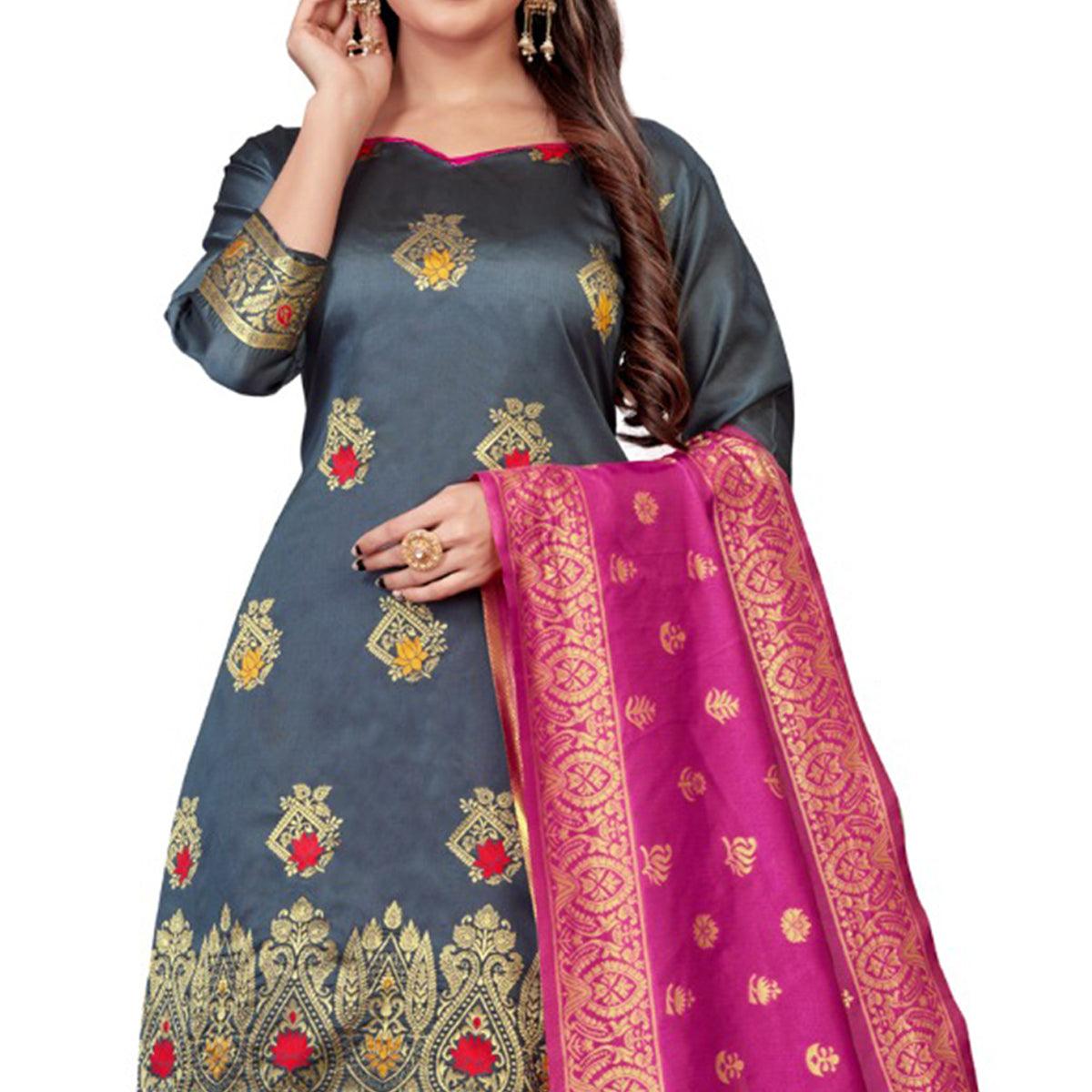 Grey Festive Wear Woven Banarasi Silk Dress Material - Peachmode