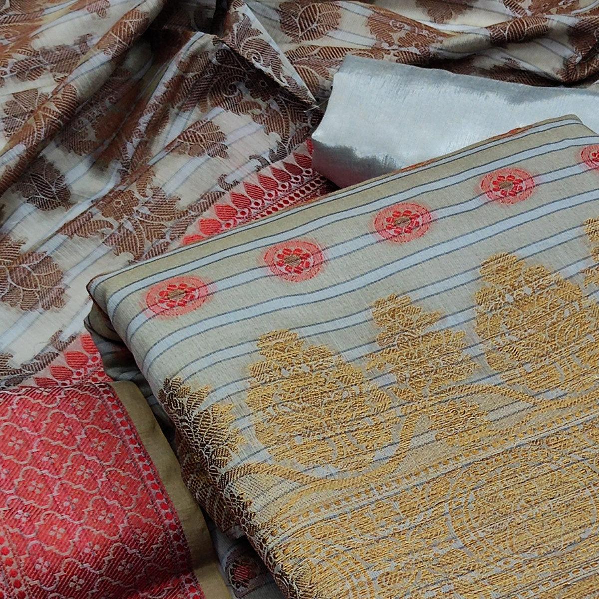 Grey Festive Wear Woven Banarasi Silk Jacquard Dress Material - Peachmode