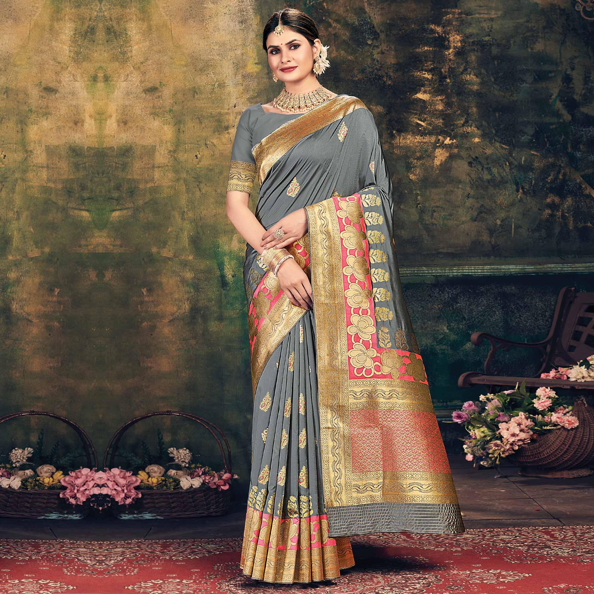 Grey Festive Wear Woven Banarasi Silk Saree - Peachmode