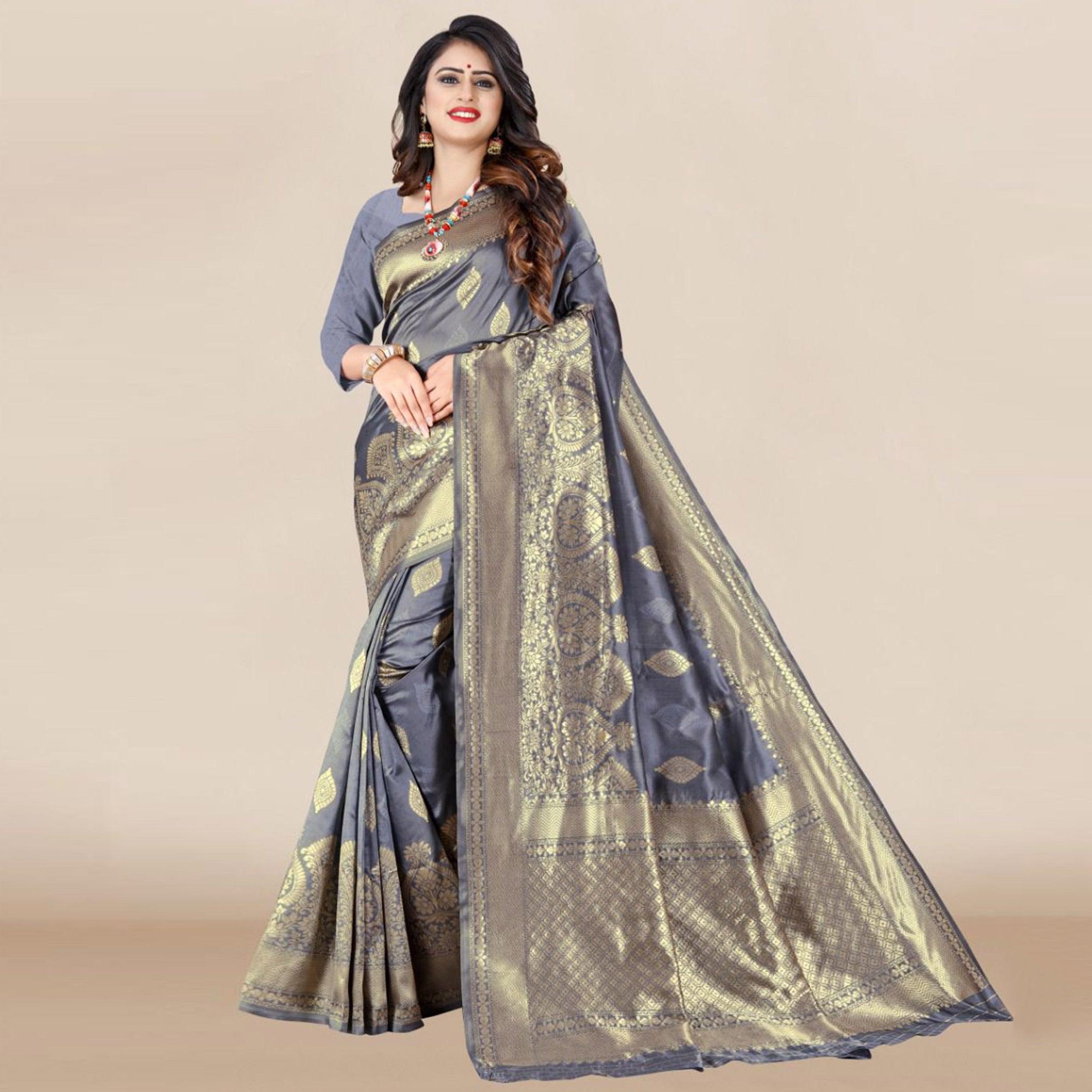 Grey Festive Wear Woven Banarasi Silk Saree - Peachmode