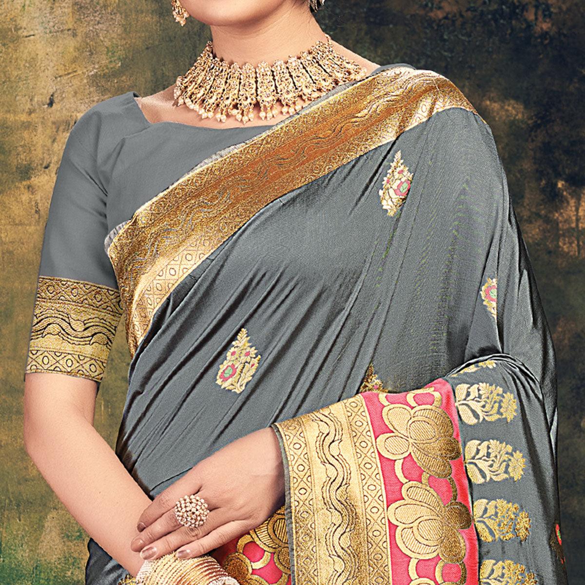 Grey Festive Wear Woven Banarasi Silk Saree - Peachmode