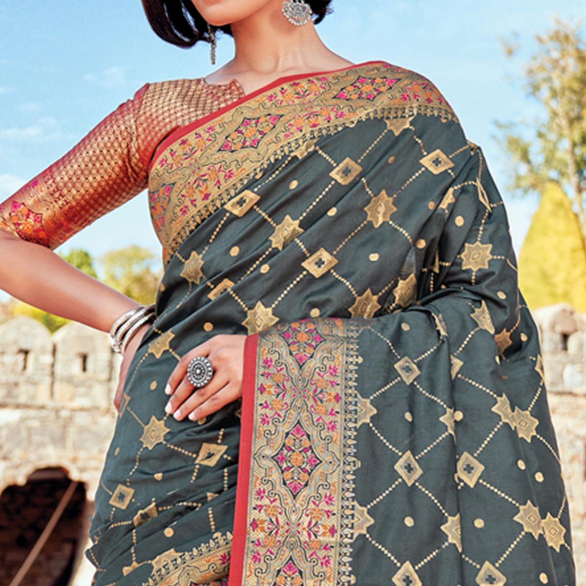 Grey Festive Wear Woven Banarasi Silk Saree - Peachmode