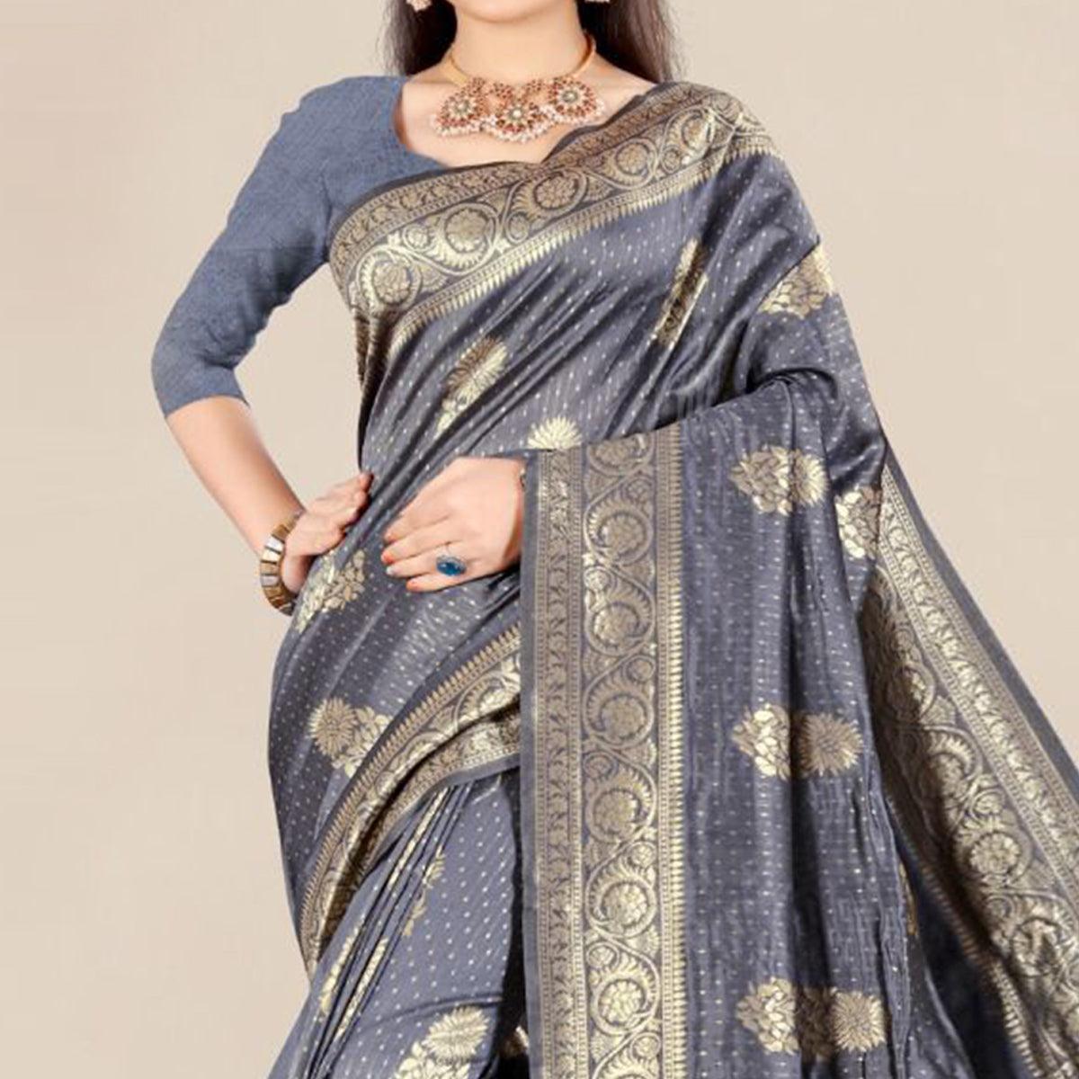 Grey Festive Wear Woven Banarasi Silk Saree - Peachmode