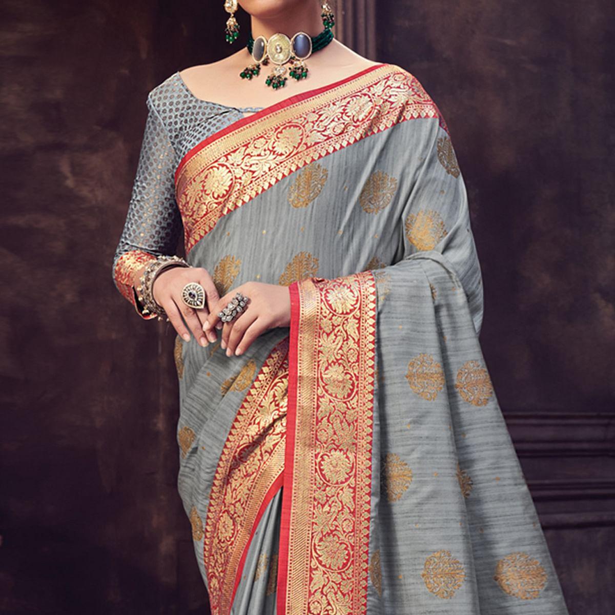 Grey Festive Wear Woven Banarasi Silk Saree With Tassels - Peachmode