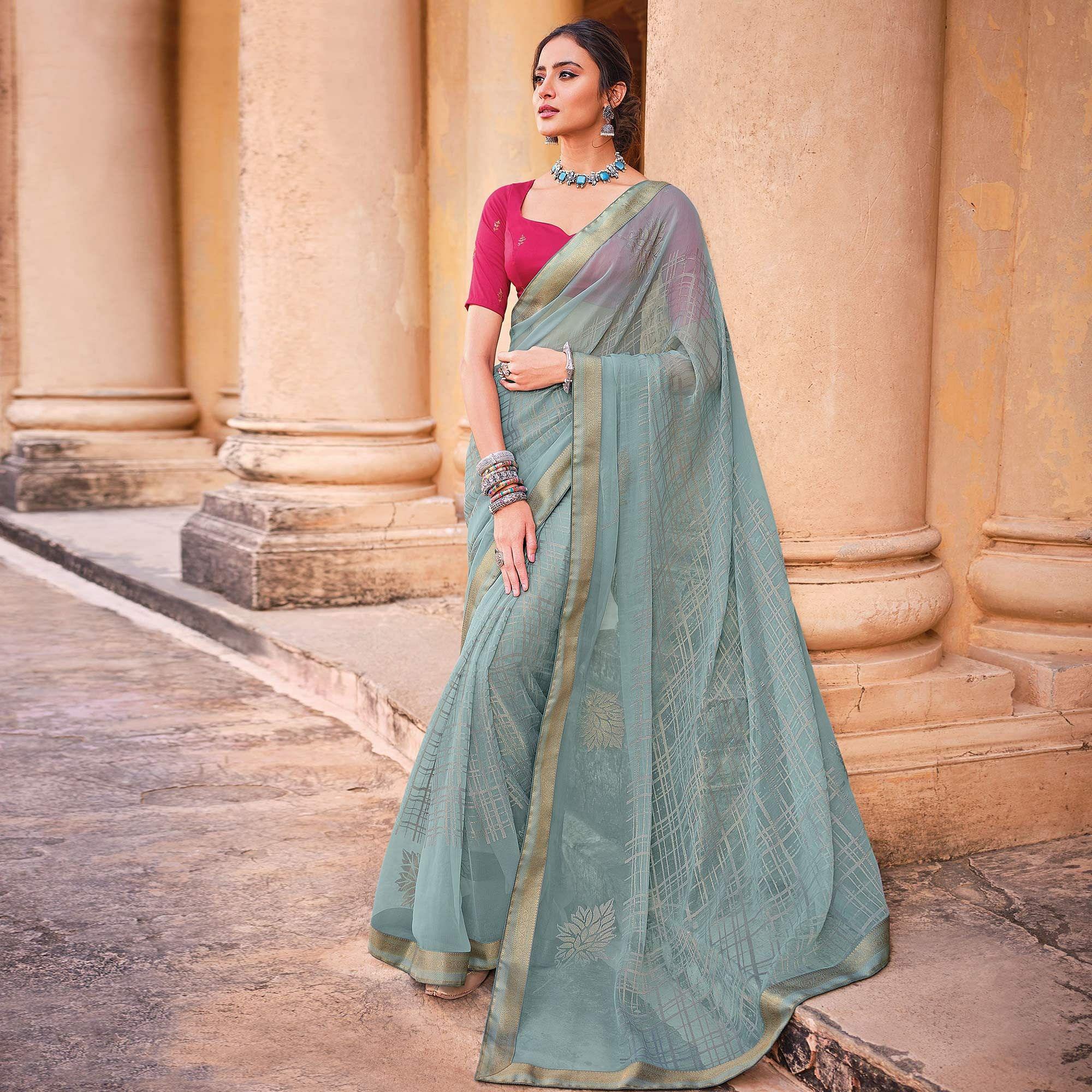 Grey Festive Wear Woven Brasso Saree - Peachmode