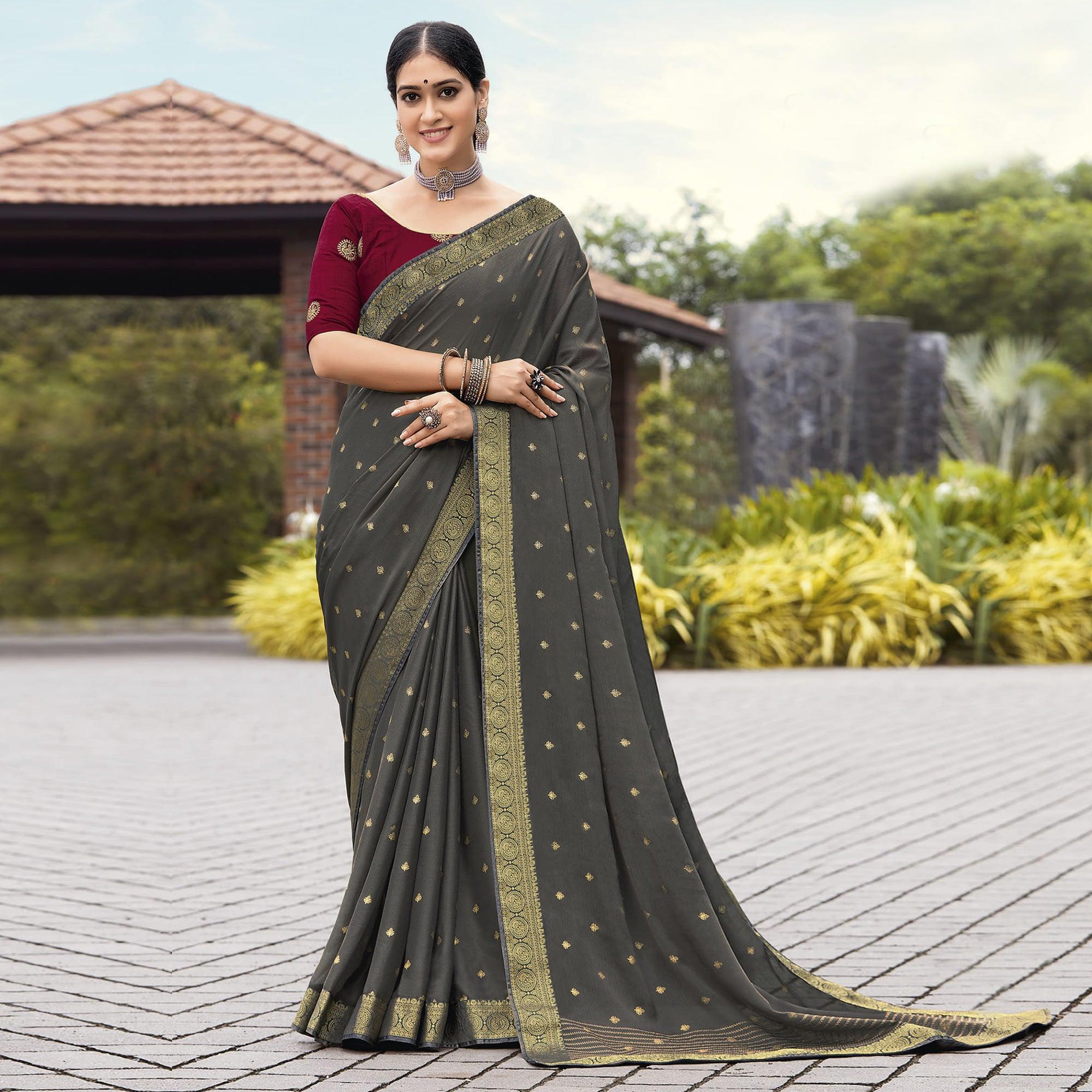 Grey Festive Wear Woven Chiffon Saree - Peachmode