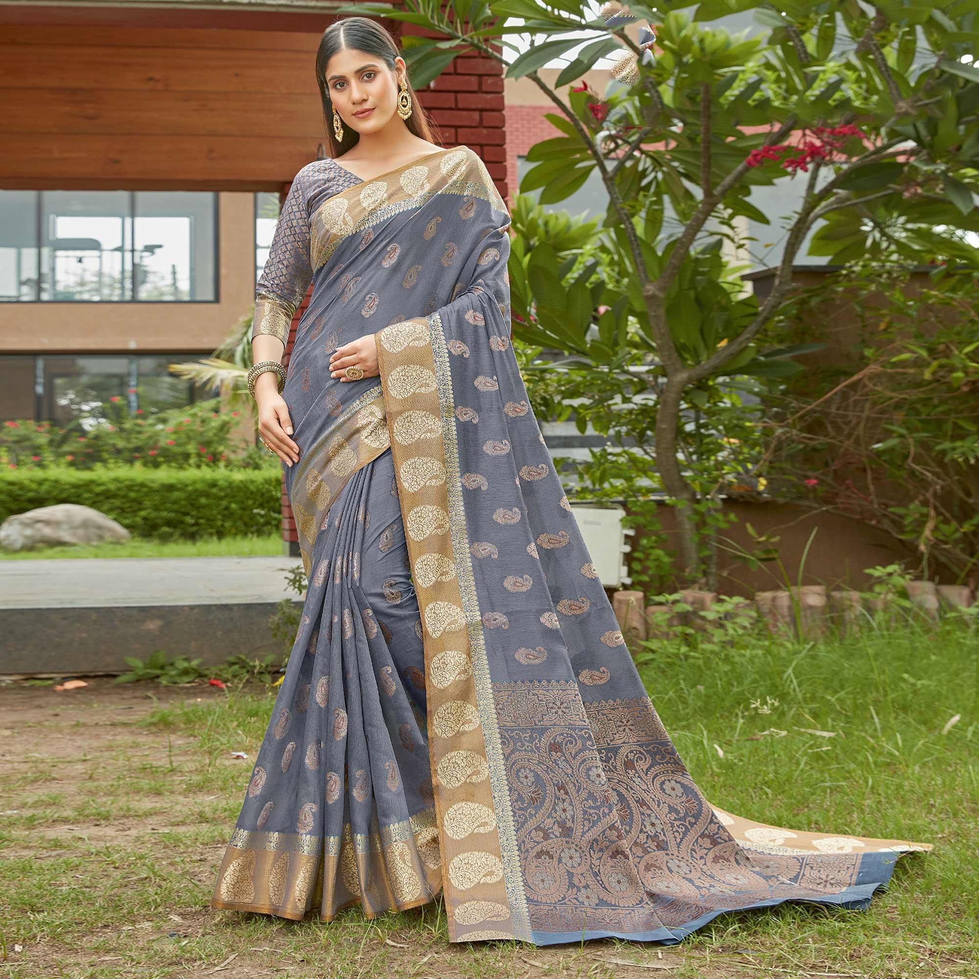 Grey Festive Wear Woven Cotton Handloom Saree - Peachmode