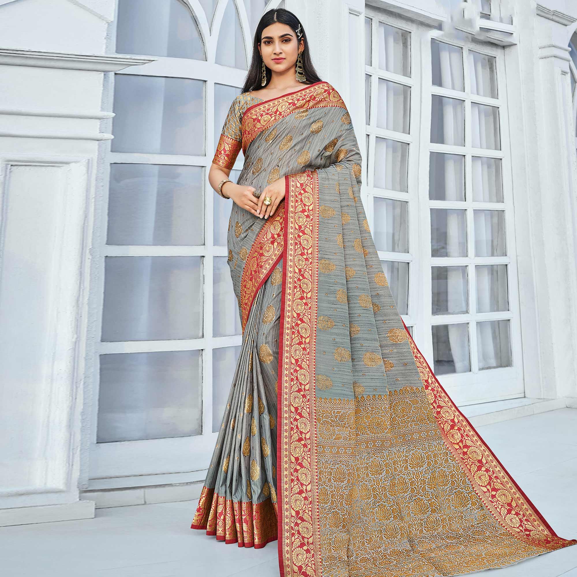 Grey Festive Wear Woven Cotton Handloom Saree - Peachmode